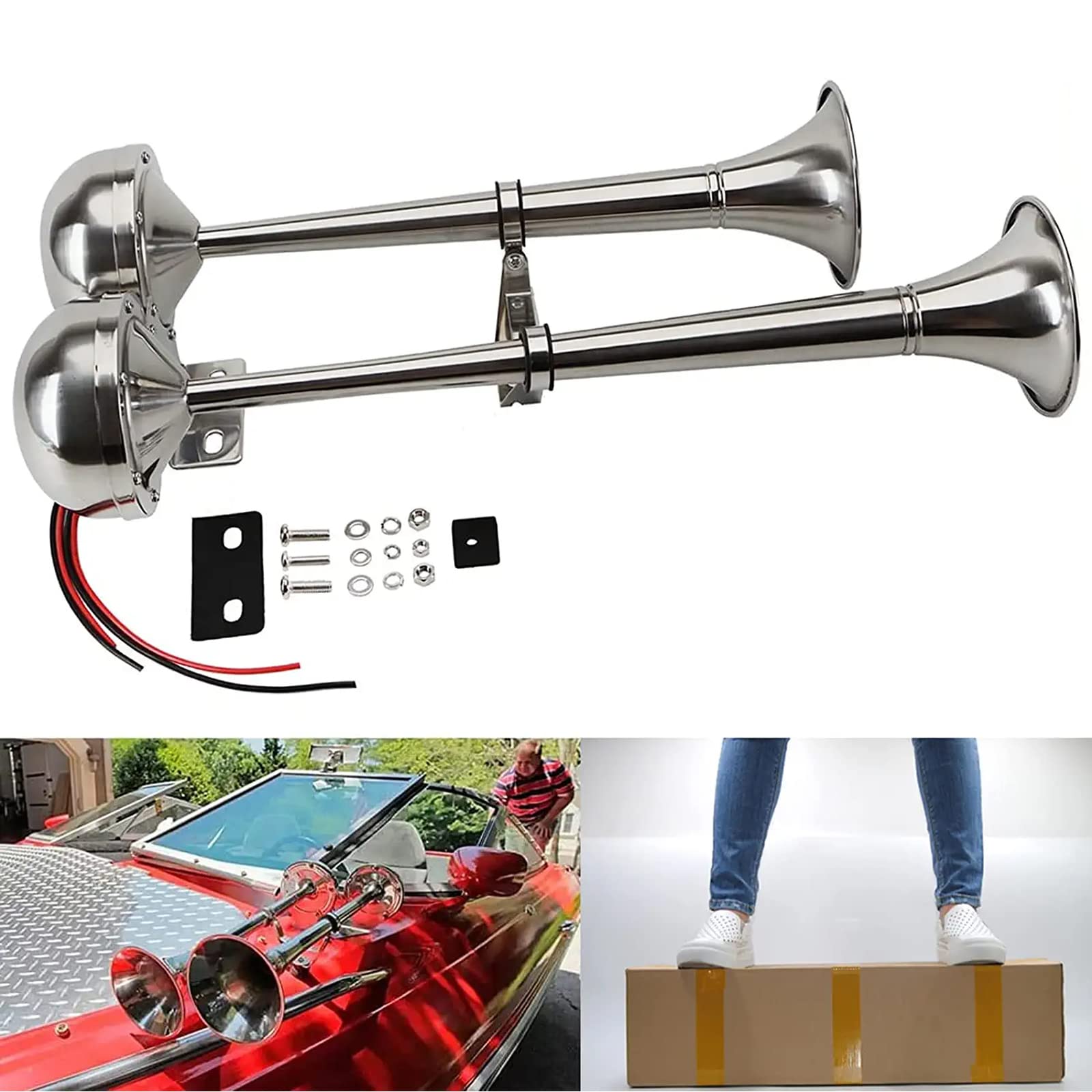 Boat Horns 12V, Marine Boat Trumpet Horn Polished Stainless Steel Marine  Horn, BANHAO Low and High
