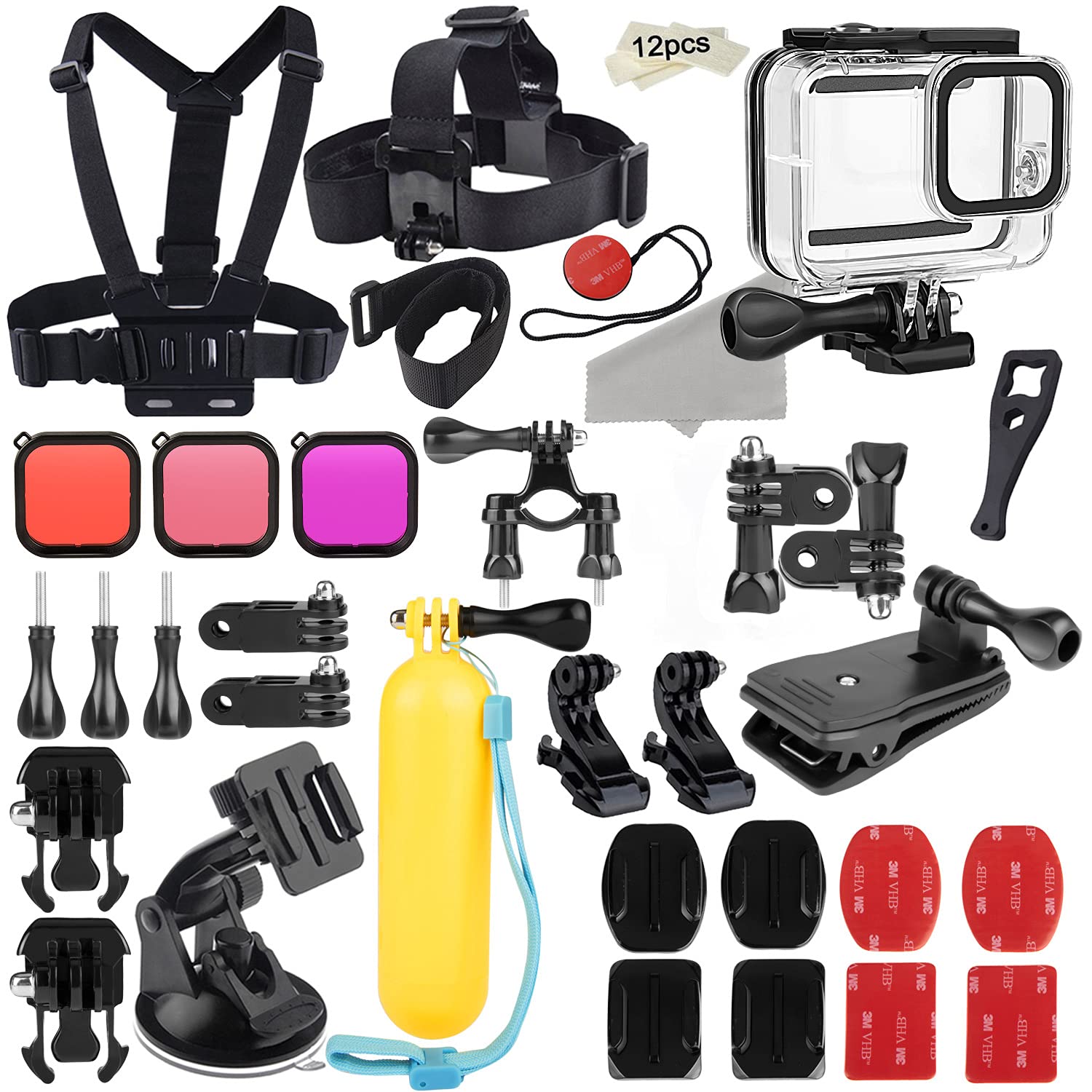 52-in-1 Accessories Kit Compatible with GoPro Hero 8 Black, Waterproof  Housing Case + Filters + Head Chest Strap + Suction Cup Mount + Bicycle  Mount + Floating Grip Accessories for Gopro 8 Black