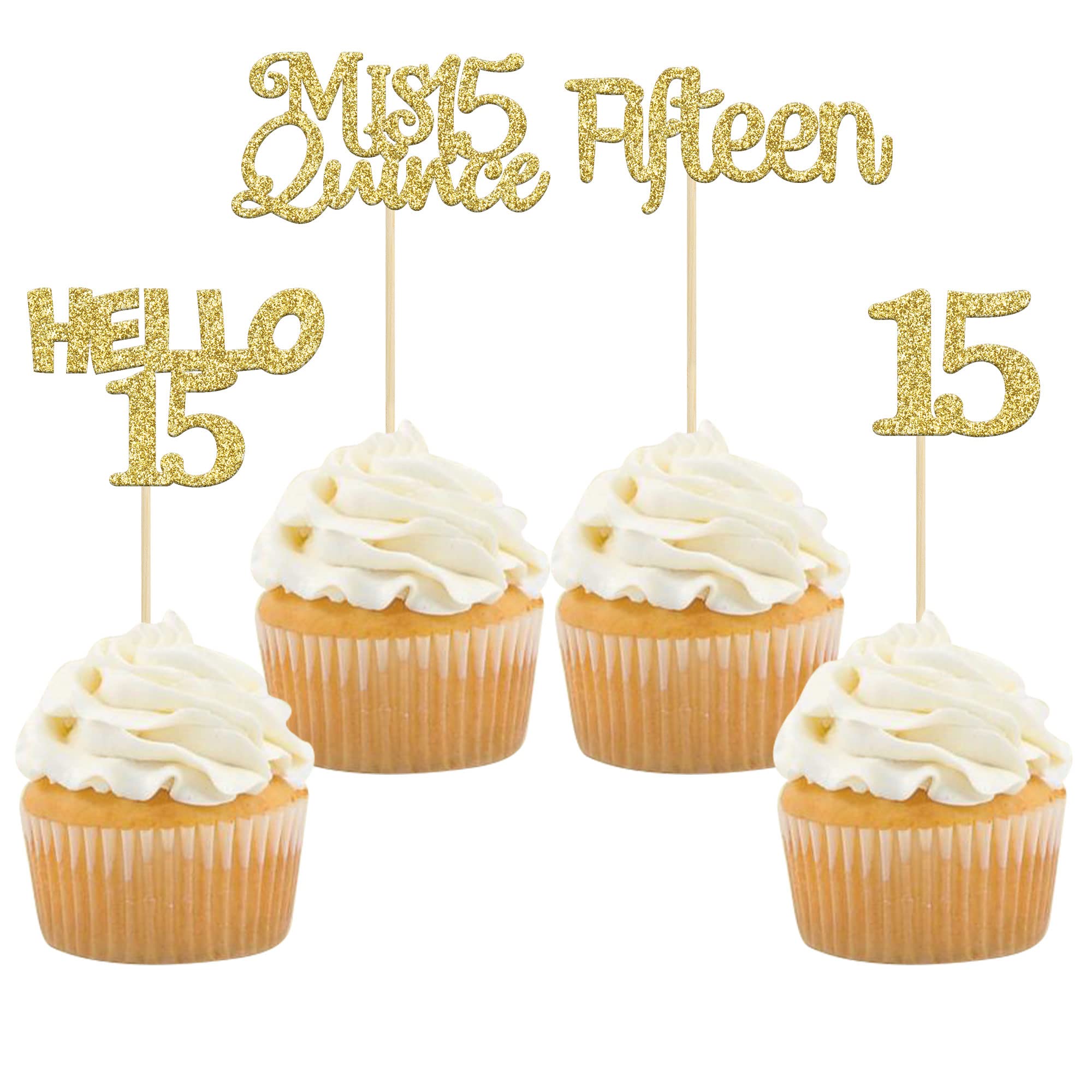 Gyufise 24Pcs Gold Glitter 15th Birthday Cupcake Toppers Mis Quince 15 Cake  Toppers Hello 15 Fifteen Cupcake Picks for 15th Birthday Cake Decorations  Supplies Gold 15