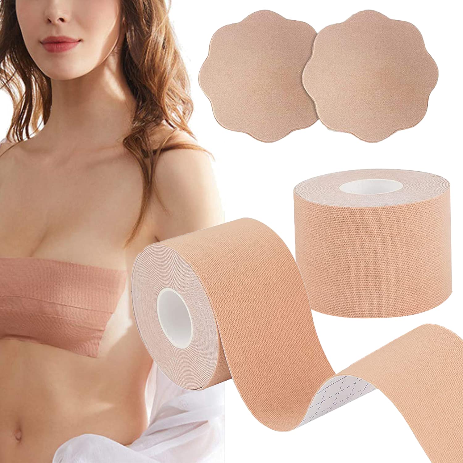 Boob Tape Breathable Backless Breast Lift up Tape Athletic Adhesive Push up  Bra Adhesive Strapless Push Up Tape Nipple Cover for A-E Cup Large 