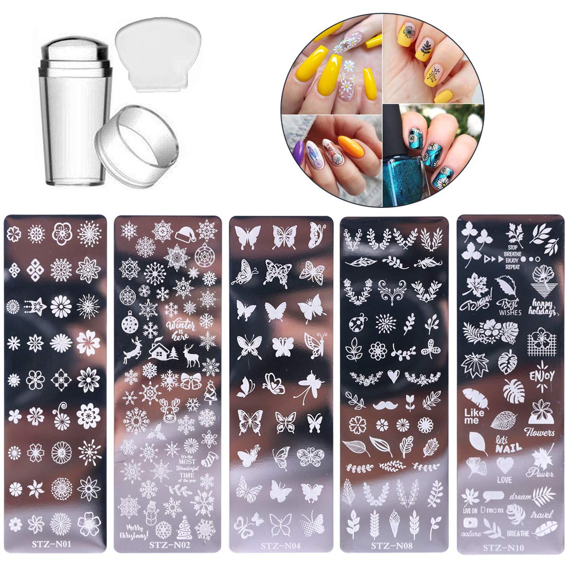 5 Pcs Nail Stamp Template Kit with 1 Stamper 1 Scraper Nail Stamping Plates  for Nail