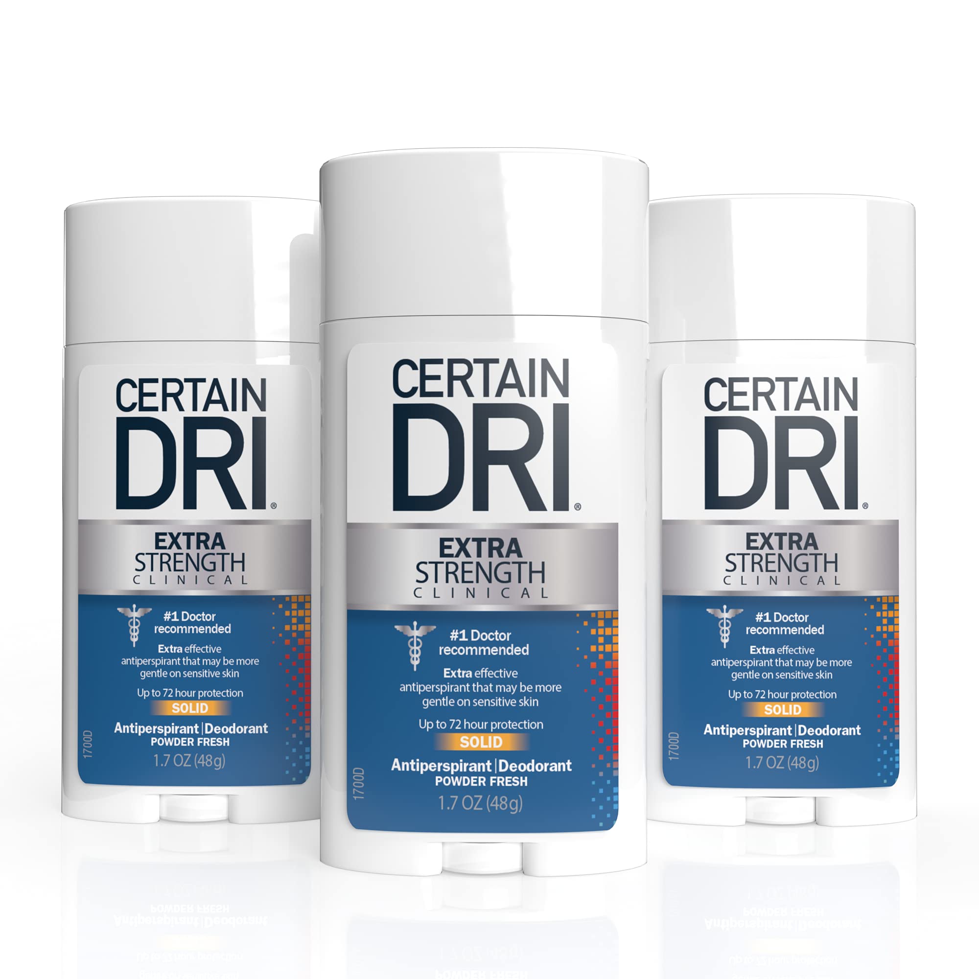 Certain Dri Extra Strength Clinical Antiperspirant Solid Deodorant,  Hyperhidrosis Treatment for Men & Women, Powder Fresh, 1.7oz, 3 Pack