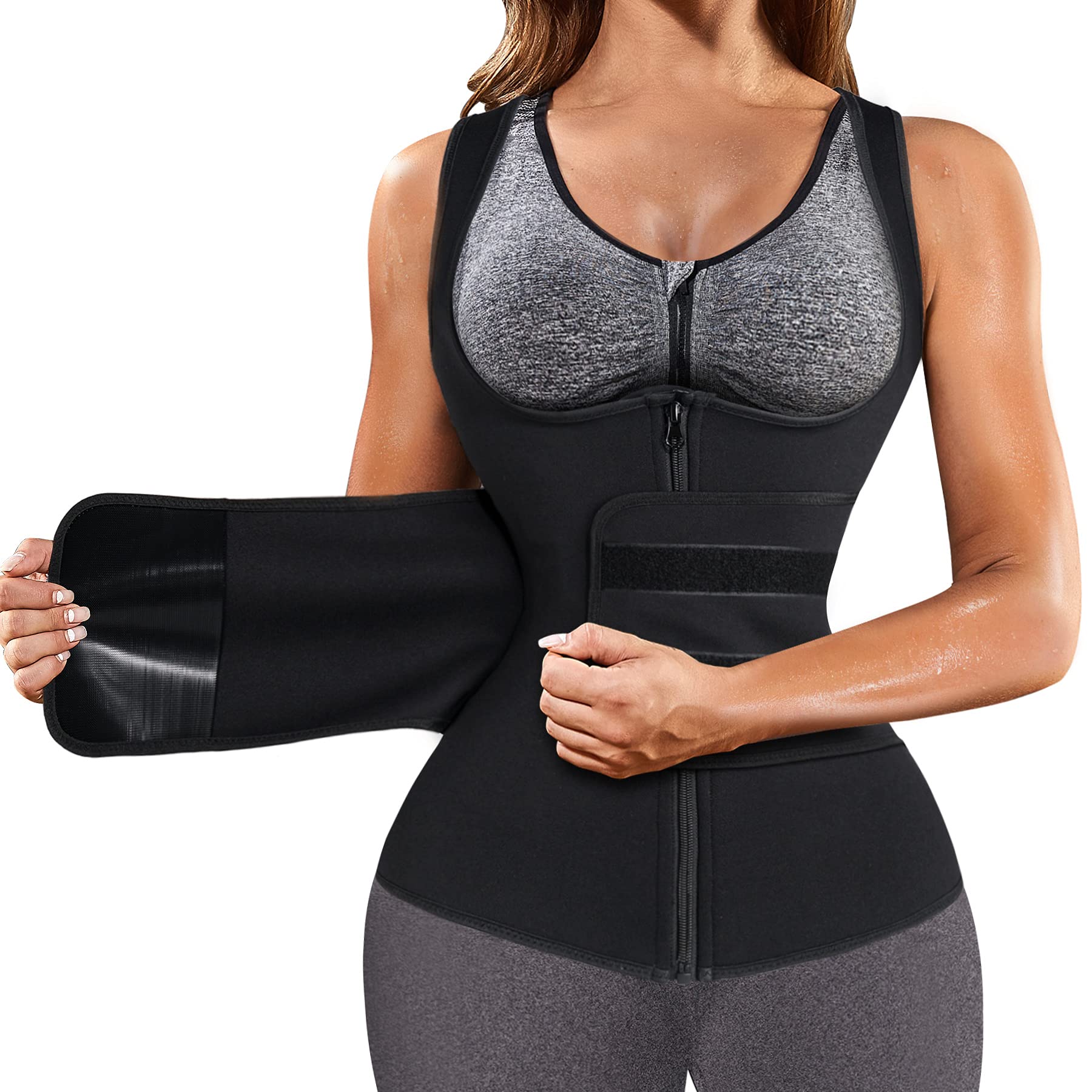 GAODI Women Waist Trainer Vest Workout Slim Corset Neoprene Sauna Tank Top  Zipper Weight Loss Body Shaper Medium Black Sauna Vest
