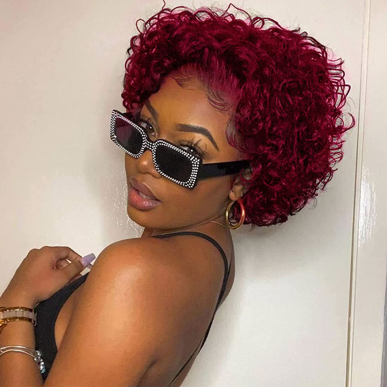 VRZ Short Curly Lace Wigs Pixie Cut Lace Front Human Hair Wigs For Black  Women 150% Density Glueless Pre Plucked Curly Frontal Wig With Hand Tied  Hairline Wine Red (6inch, 99J) 6