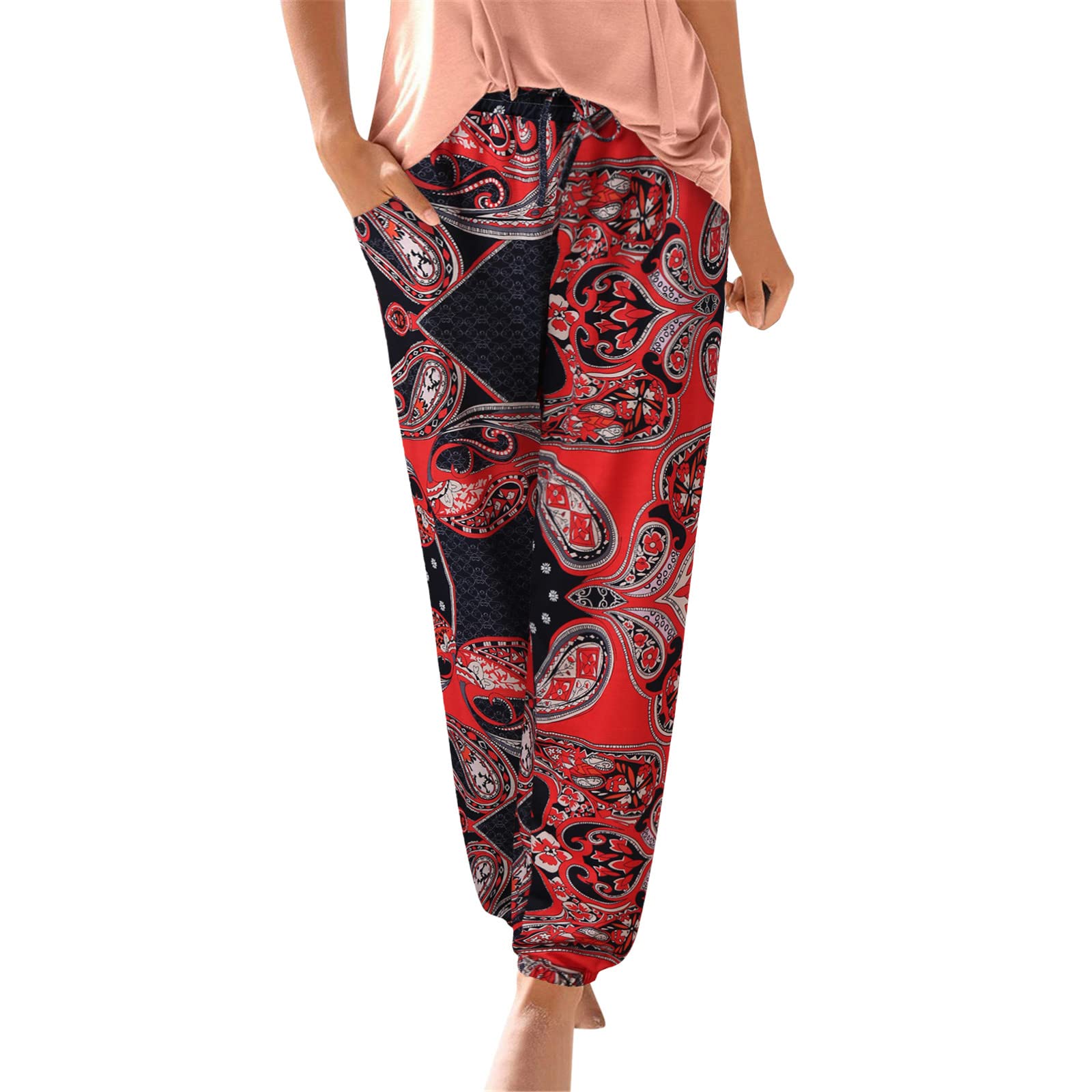 Women's Floral Print Boho Yoga Pants Hippie Tapered Loose Beach Trousers  Drawstring High Rise Harem Joggers Sweatpants Red XX-Large