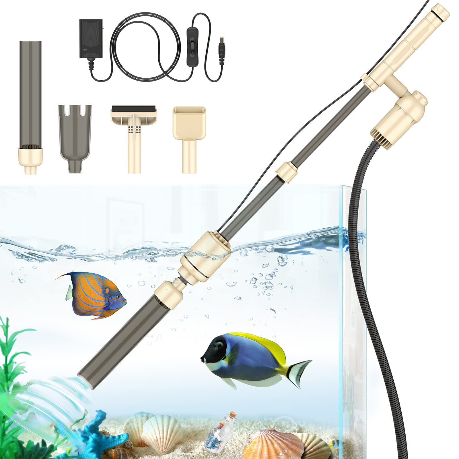 bedee Aquarium Vacuum Gravel Cleaner Electric Fish Tank Cleaner 6 in 1  Automatic Water Changer Filter for Washing Sand Removable Siphon Vacuum  Gravel Cleaner 18W IP68 Waterproof Safer Beige Style