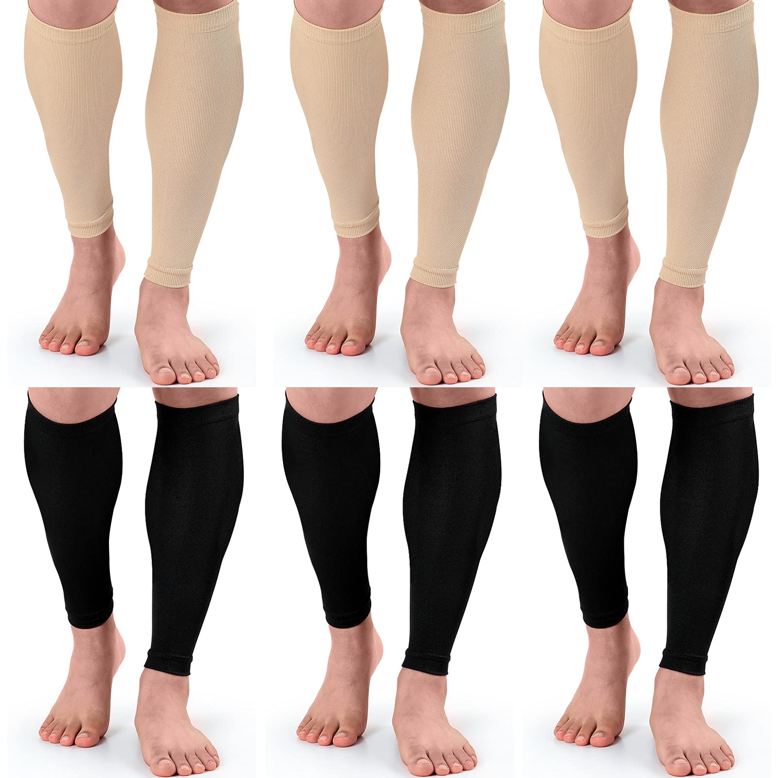 Coume 6 Pairs Leg Compression Sleeves Calf Compression Socks for Women Men  Footless Leg Support Brace for Running Cycling Shin Splint Swelling Varicose  Veins Pain Relief (Black and Beige Large/XXL) Black and