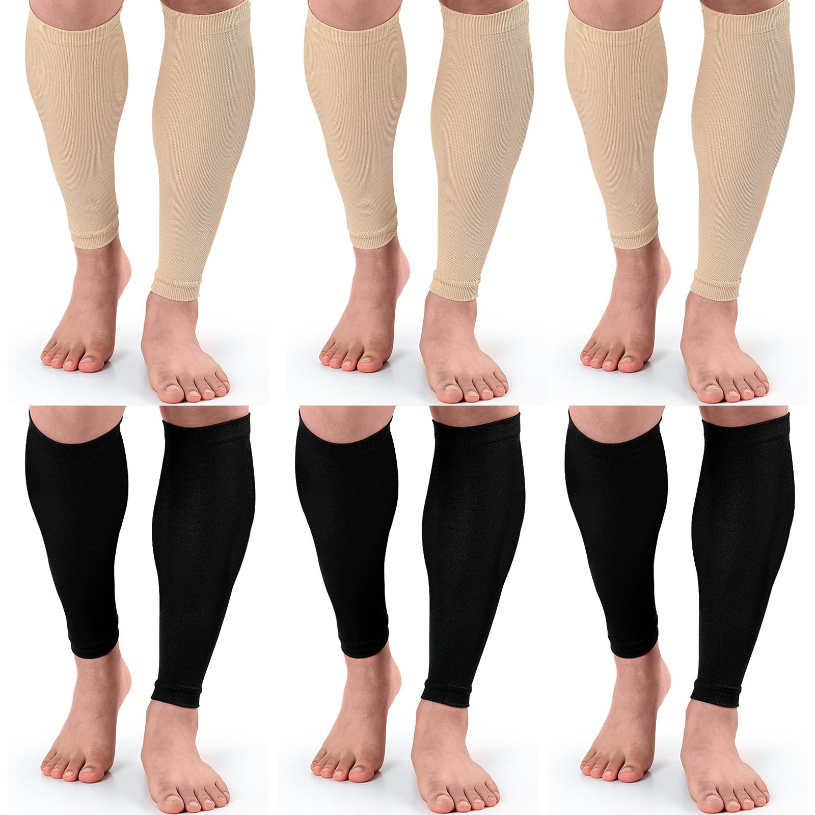 Coume 6 Pairs Leg Compression Sleeves Calf Compression Socks for Women Men  Footless Leg Support Brace for Running Cycling Shin Splint Swelling  Varicose Veins Pain Relief (Black and Beige Large/XXL) Black and