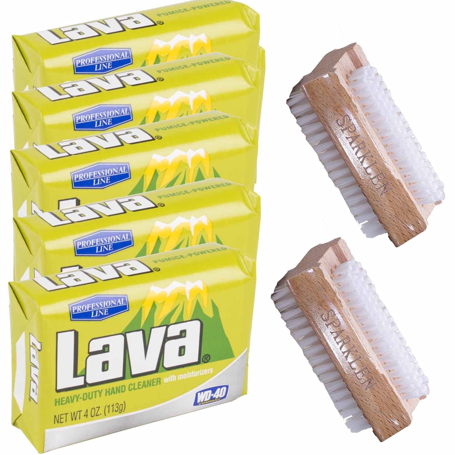 Tatane Lava Heavy-Duty Hand Cleaner Pumice soap with Moisturizers  (Professional Line) 5-Bars 4 OZ Each with 2 Sparklen Wooden Nail Brushes