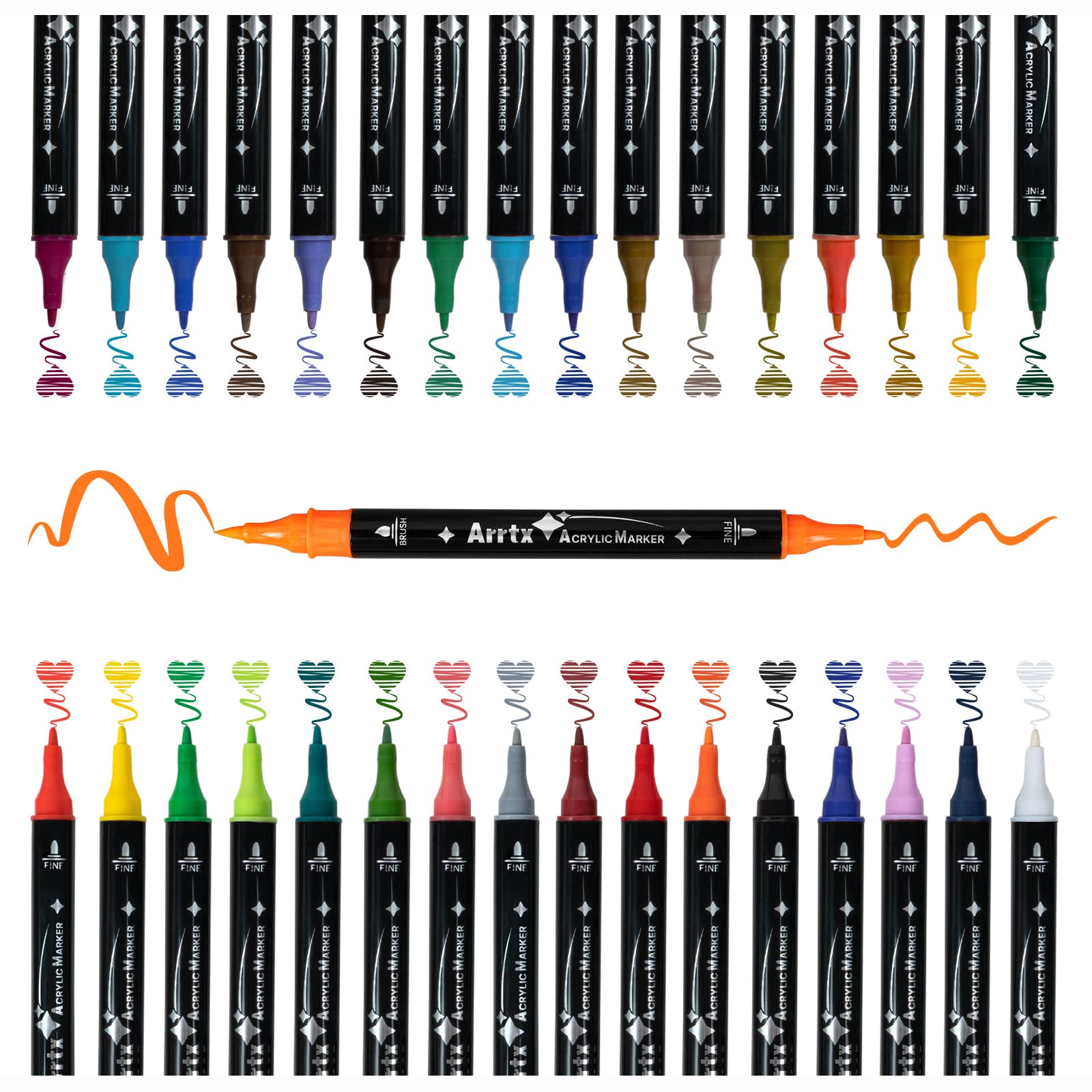 Arrtx Acrylic Paint Pens 32 Colors Brush Tip and Fine Tip (Dual