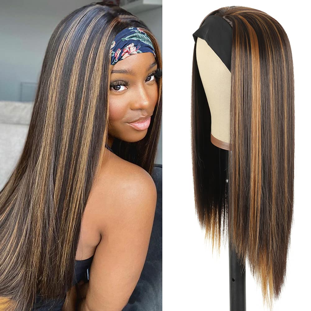 Negj Straight Headband Wigs for Women Mix Brown Straight Hair Wigs with Black Headban Closure Hair Bundles Lace Frontal Elastic Band for Lace Frontal