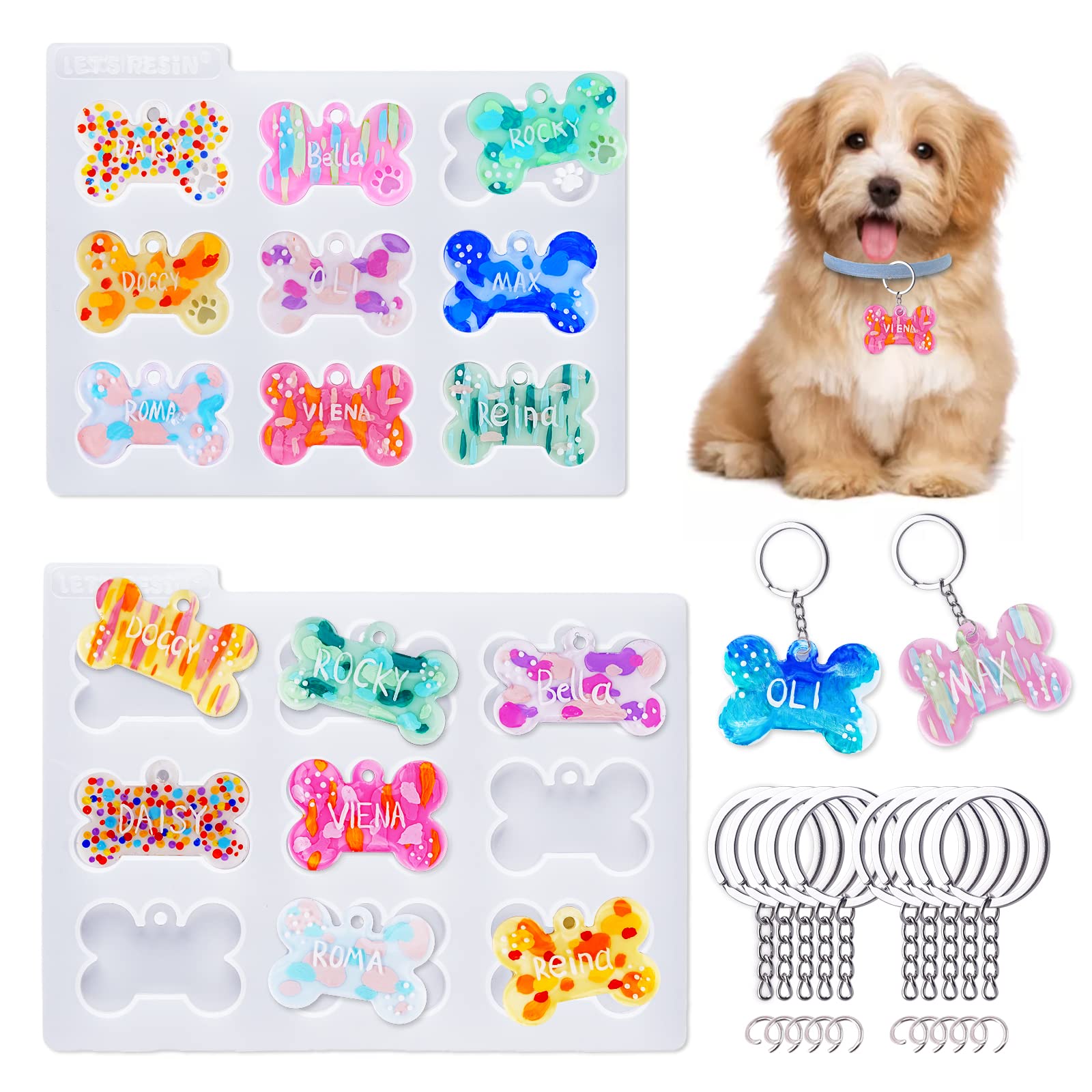 St.Kunkka 7 Pieces Dog Bone Shaped Keychain Silicone Resin Molds Set Heart Cat Paw Mold Dog Tag Charm Resin Molds with 10pcs Blank Keychains Small Letters DIY