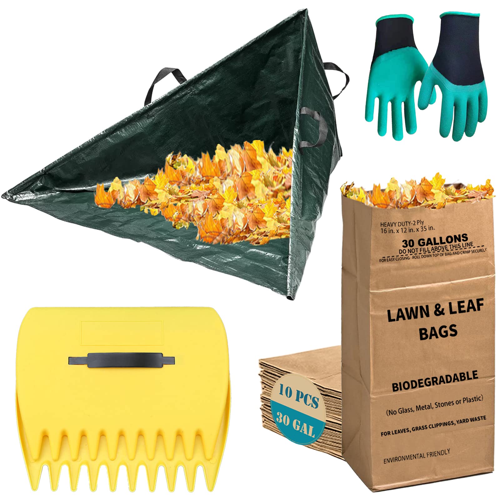Pop Up Leaf Collector and Leaf Scoops and 132 Gallon Lawn Garden Bag and 5pcs 30 Gallon Leaf Bags and Garden Gloves | 2-Ply Heavy Duty Kraft Paper