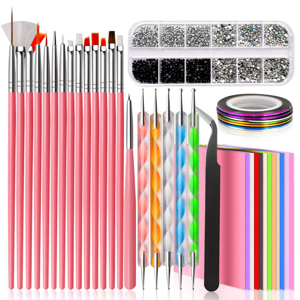 Spaidoon Nail Design Kit for Acrylic Nails Decoration with Nail Art Brushes Dotting Tool Nail Tape Strips Foil Flake Sticker Crystal Nail Rhinestones