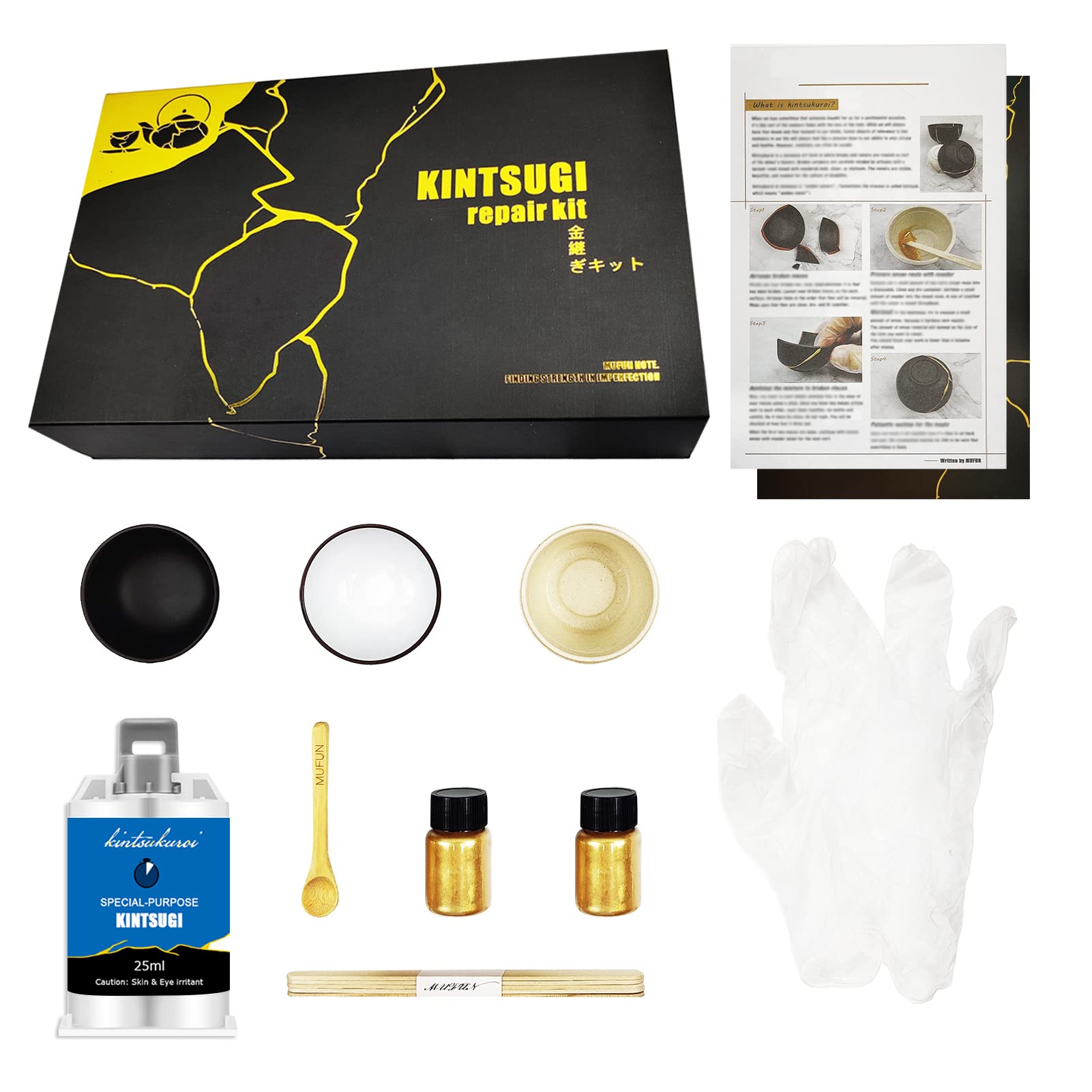 MUFUN Kintsugi Repair Kit Repair Your Meaningful Pottery with Gold Powder  Glue - Comes with Two Practice Ceramic Cups for Starter