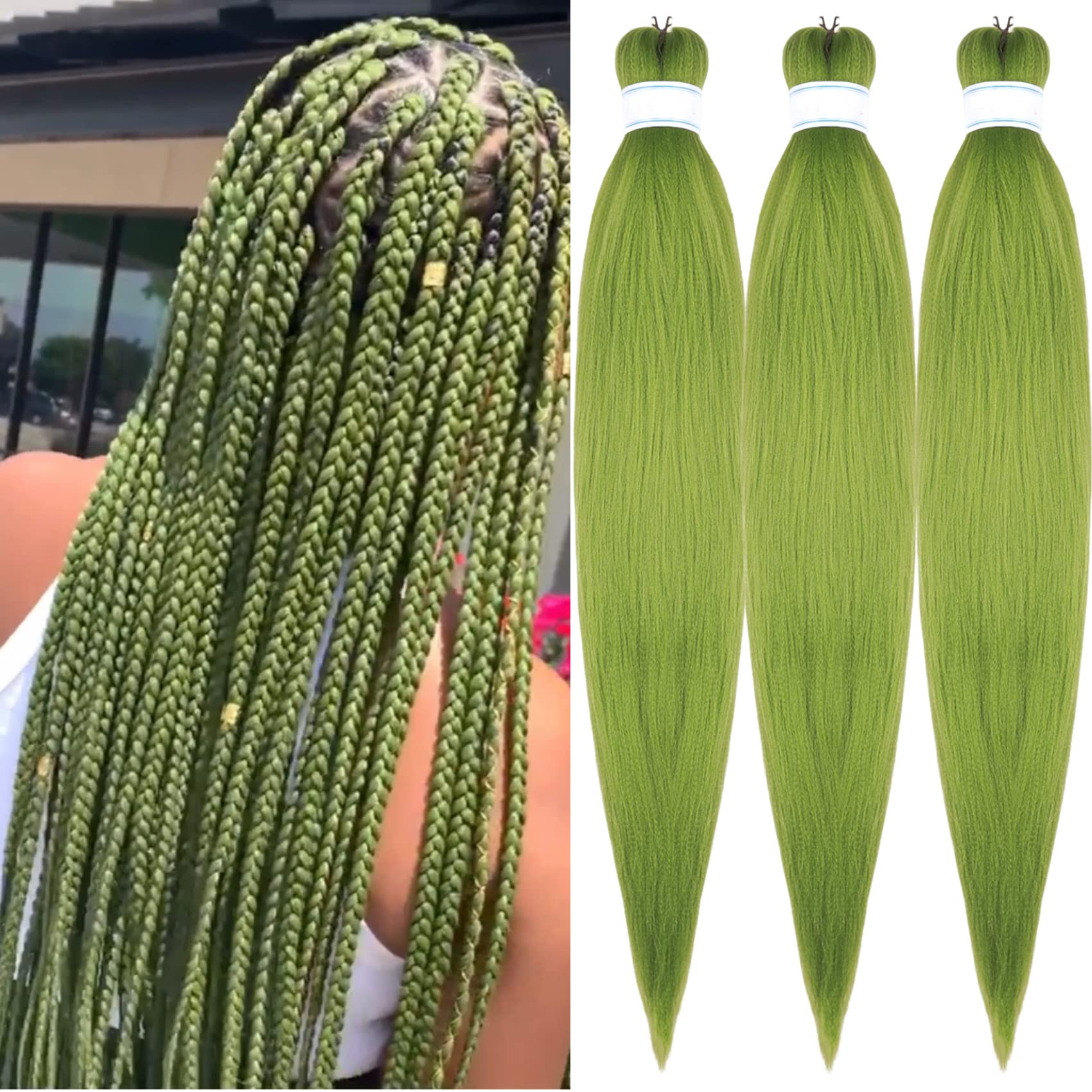 Seaweed Green Pre Stretched Braiding Hair Kanekalong Braiding Hair  Prestretched Box Braids Human Hair 26Inch Pack of 3 SeaweedGreen