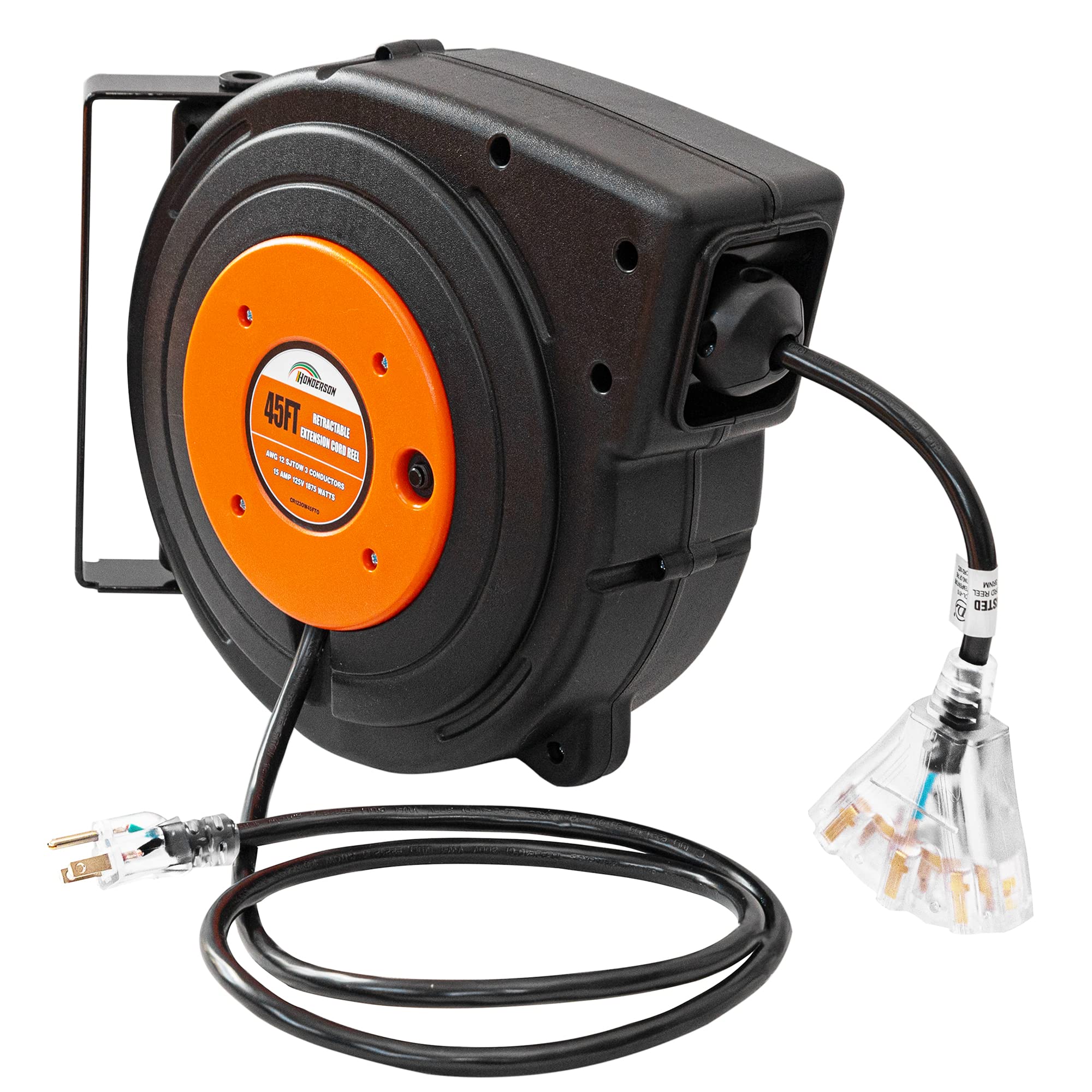 HONDERSON 45 FT Retractable Extension Cord Reel with 3 Electrical Outlets Heavy  Duty 12 AWG/3C