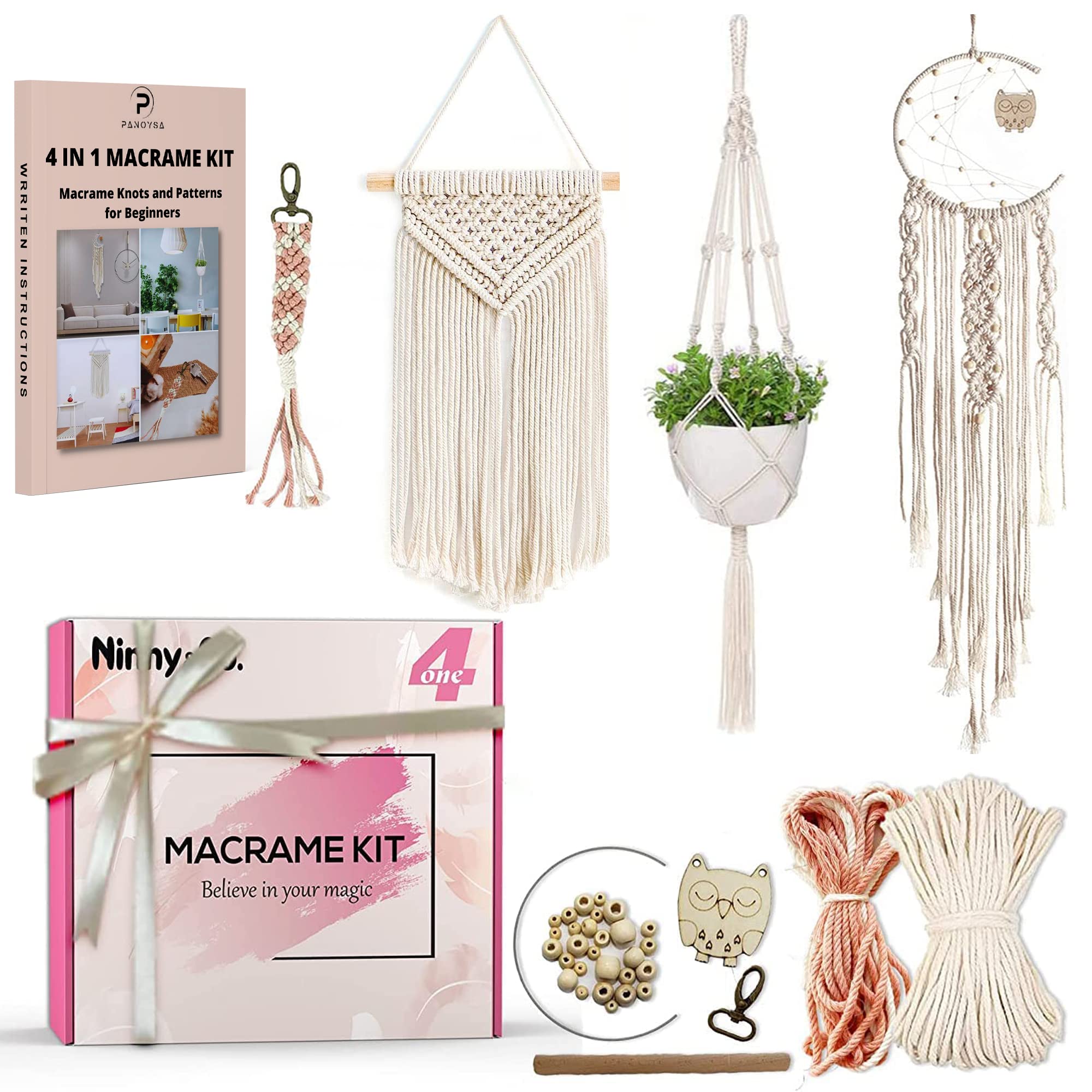 DIY Macrame Kit for Beginners by I HEART KITS – Makes 3 Projects: 1 Macrame  Plant Hanger, 1 Macrame Keychain & 1 Macrame Wall Hanging, Includes Cotton