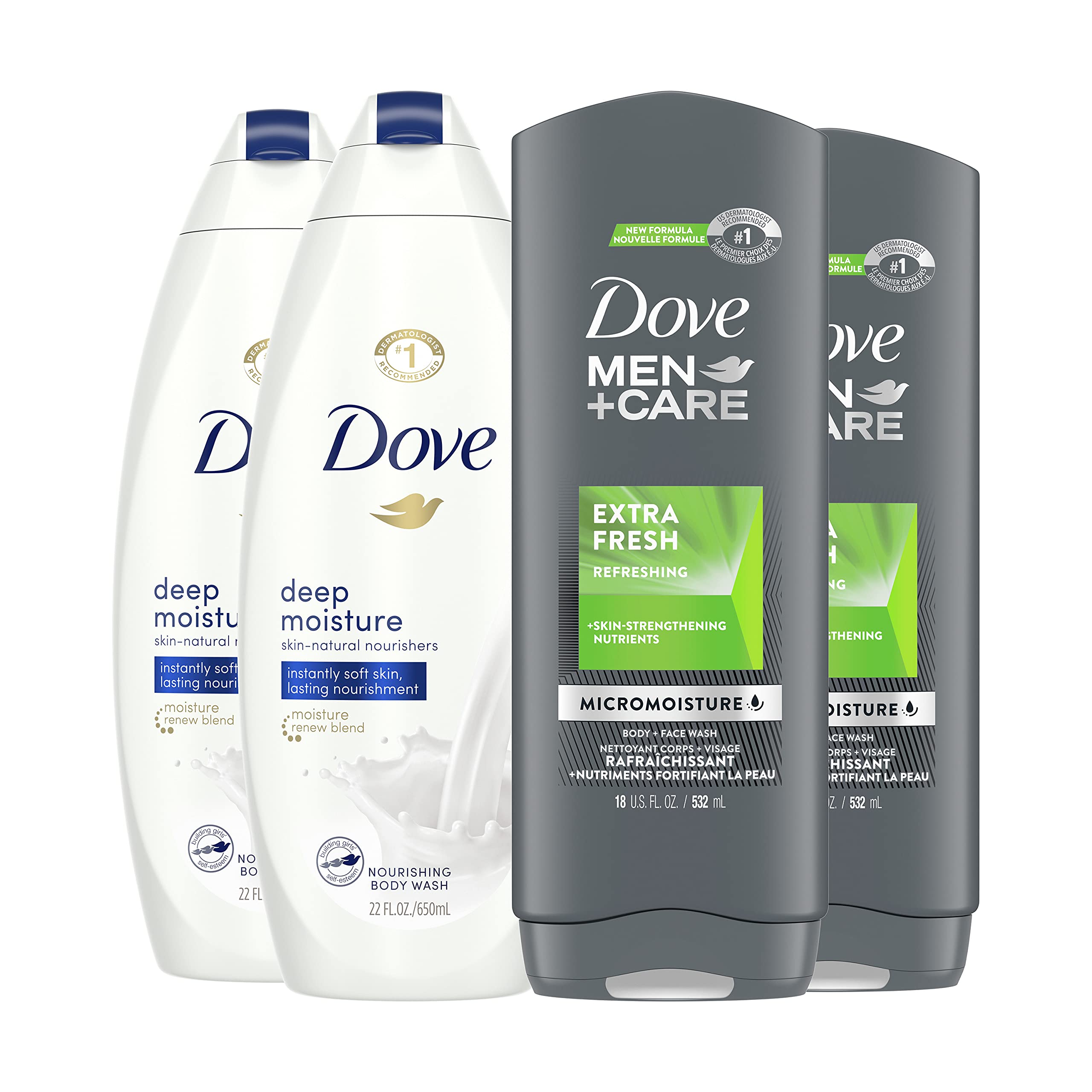 Dove Men+Care Body Wash Bundle for Soft & Nourishing Skin, Extra Fresh &  Deep Moisture, Great Products That Effectively Removes Away Bacteria,  White, 4 Count