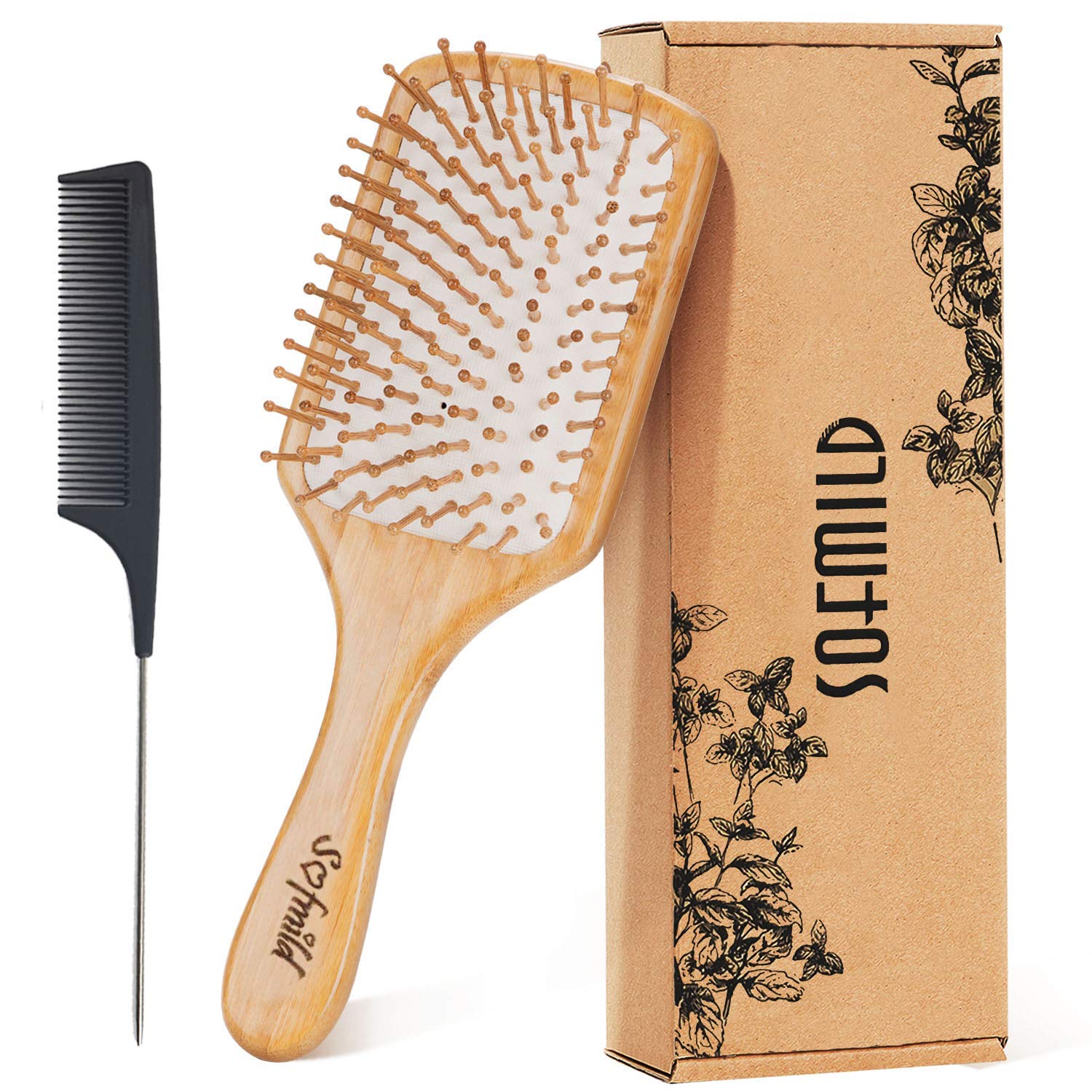 Hair Brush-Natural Wooden Bamboo Brush and Detangle Tail Comb Instead of  Brush Cleaner Tool, Eco