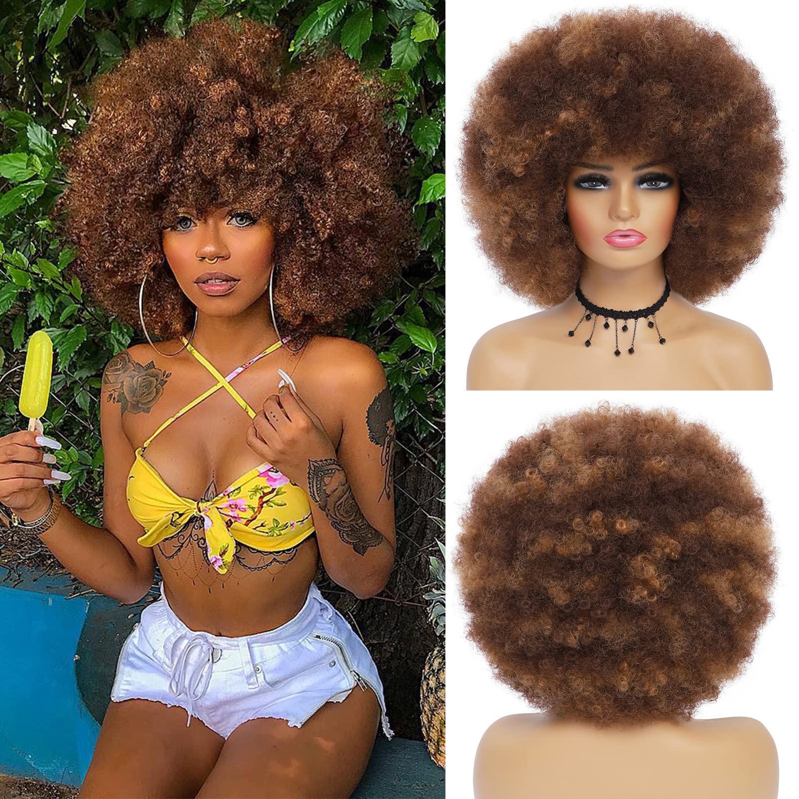 Afro Curly Wigs for Black Women - GKtineke Big Afro Puff Wig with Bangs ,10  Inch Short Kinky Curly Wig, Synthetic Hair Replacement Wigs for Women  (mixed brown)