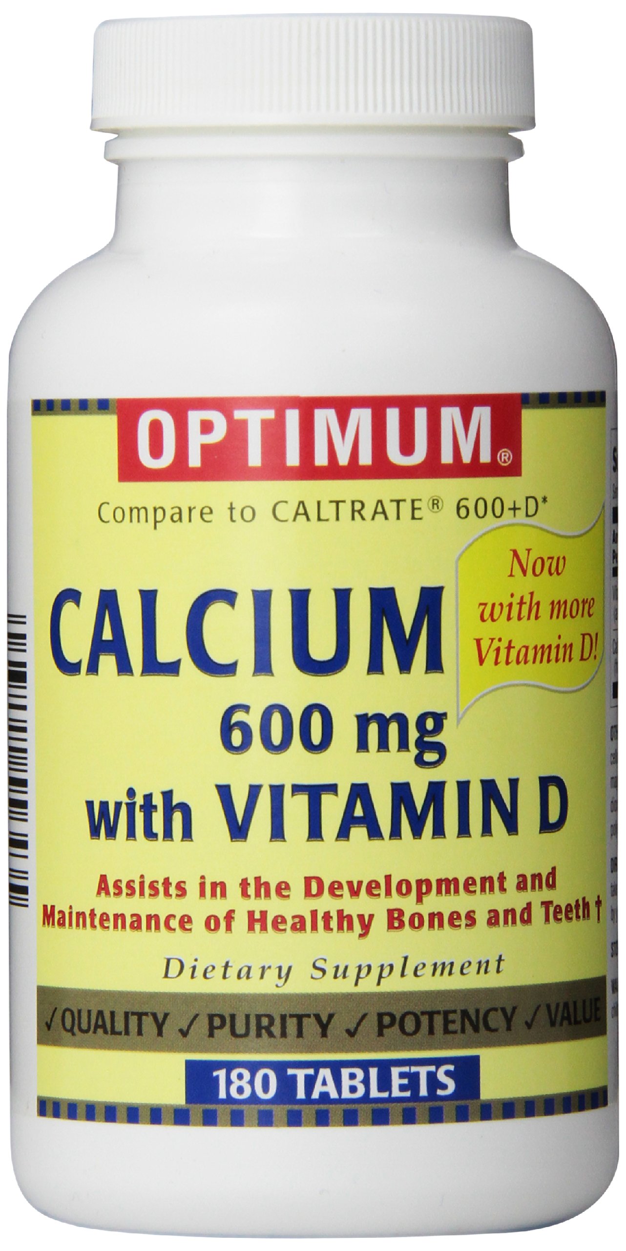 Optimum Calcium Tablets with Vitamin D 600 Mg 180 Count (Pack of 2)