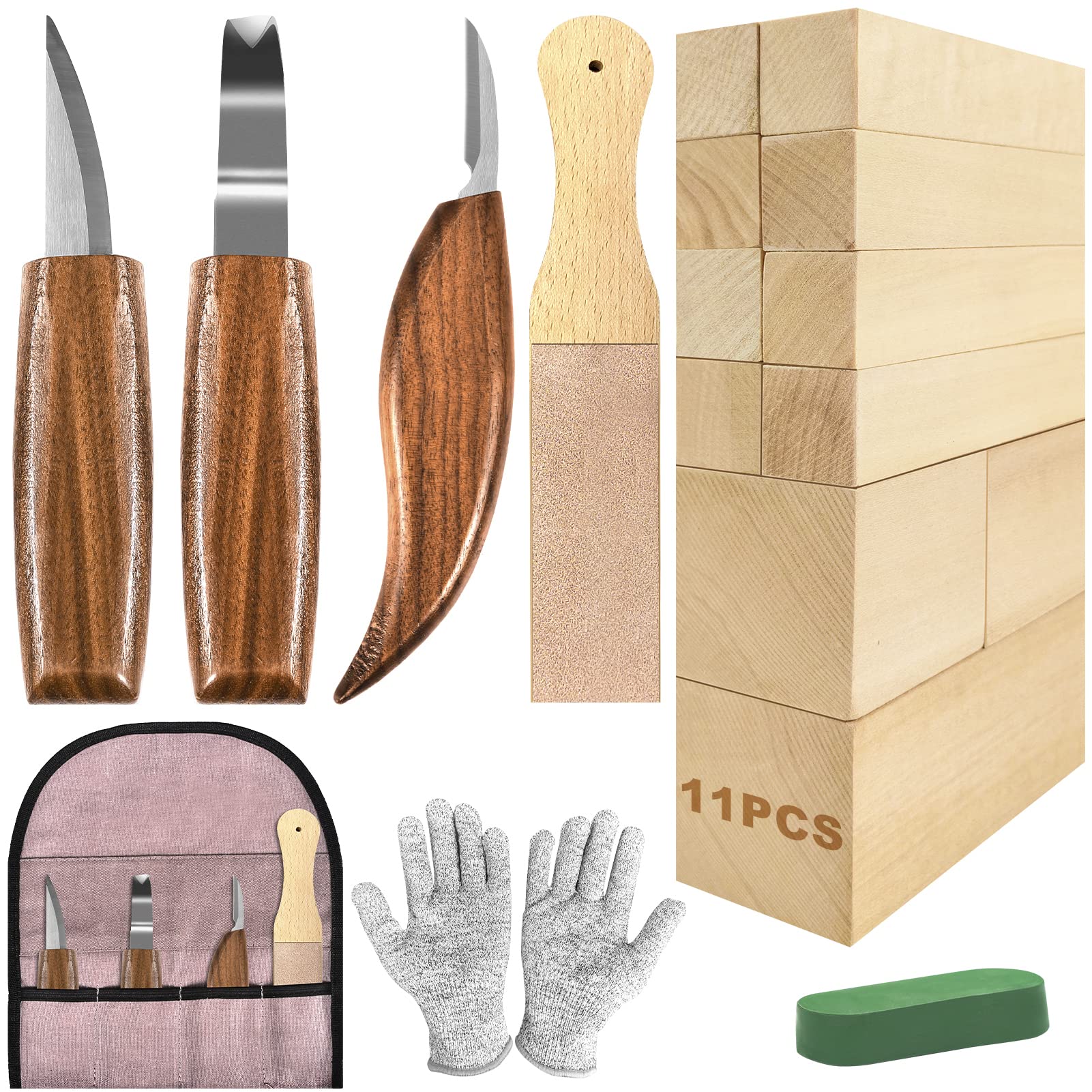 Wood Carving Kit Whittling Kit for Beginners 19PCS Wood Carving Tools with  3PCS Whittling Knife 11PCS Basswood Blocks & Gloves & Strop Block &  Polishing Compound Wood Carving Set Hobbies for Adults
