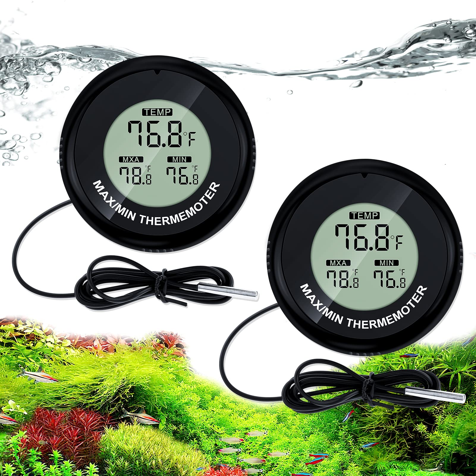 2-Pack Digital Aquarium Thermometer, High Accuracy Fish Tank Thermometer  for Fish Axolotl Turtle Tank Temperature Measurement, LCD Thermometer  Aquarium with Record of Max and Min Temperature