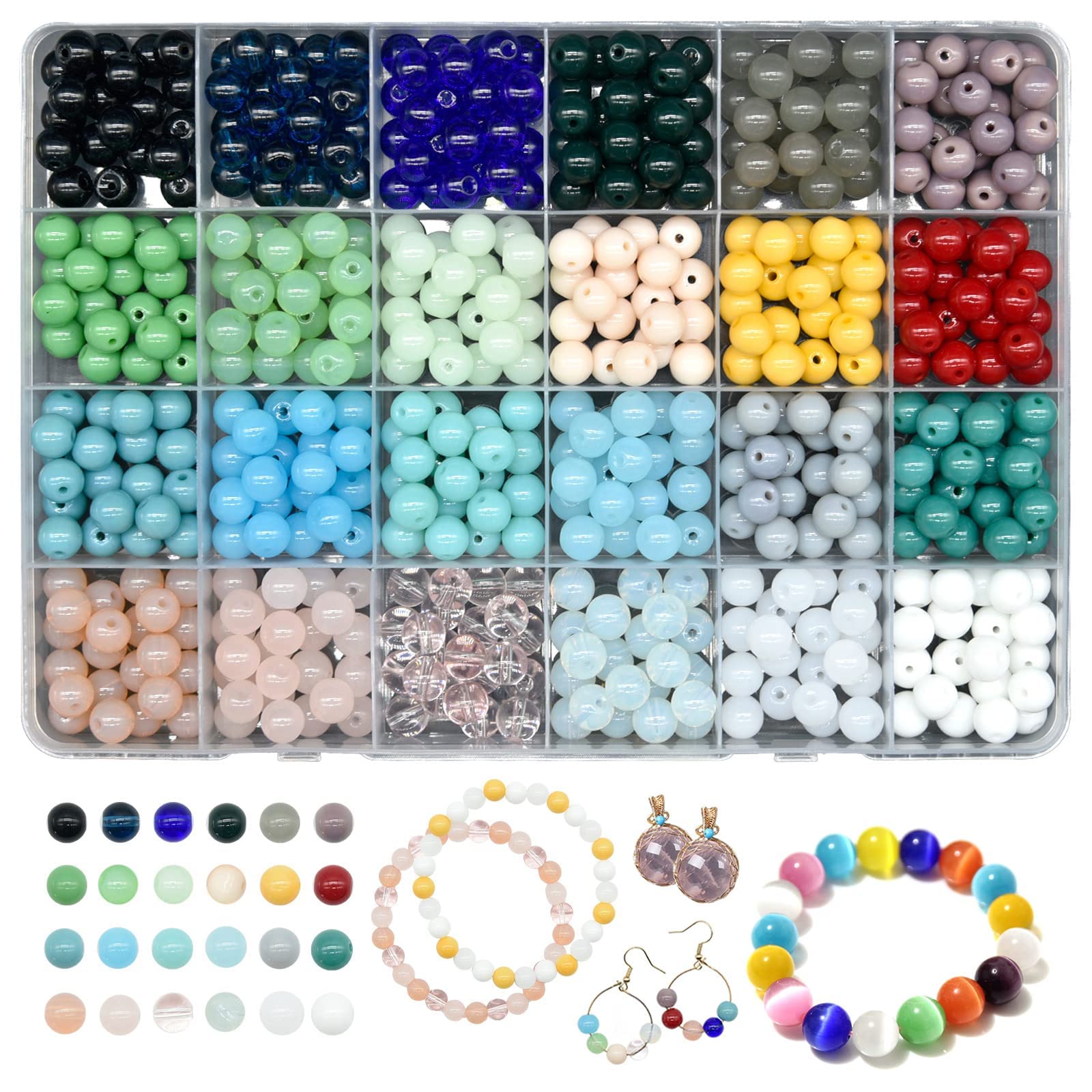 Kabuer Glass Beads Jewelry Making, Crystal Beads for Bracelets, Jewelry Making Crystal Gemstone Beaded Bracelets Kit with Accessories?8mm Round 24Colors?480+