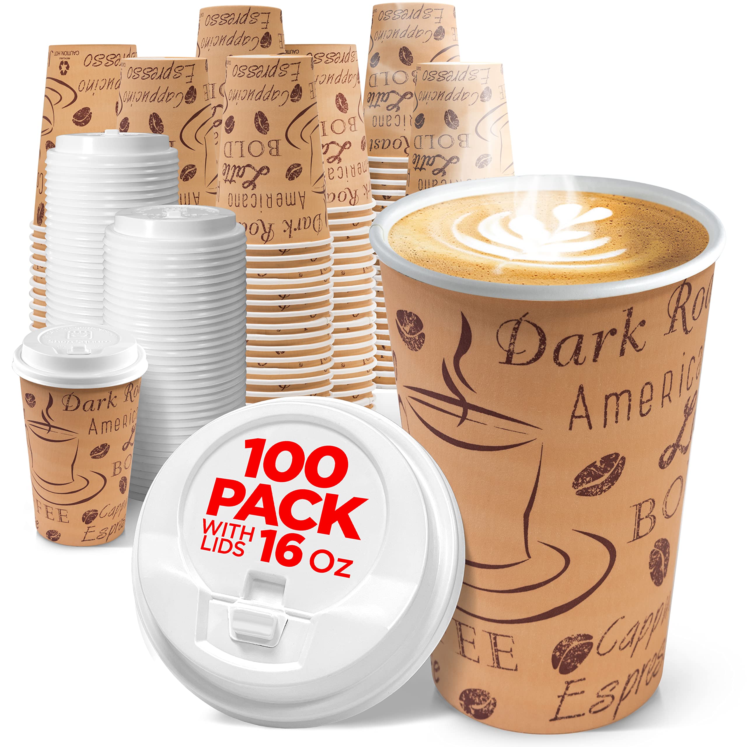 Disposable Coffee Cups with Lids 16 oz (100 Pack) - To Go Paper Coffee Cups  for Hot & Cold Beverages, Coffee, Tea, Hot Chocolate, Water, Juice - Eco  Friendly Cups 100 Count (