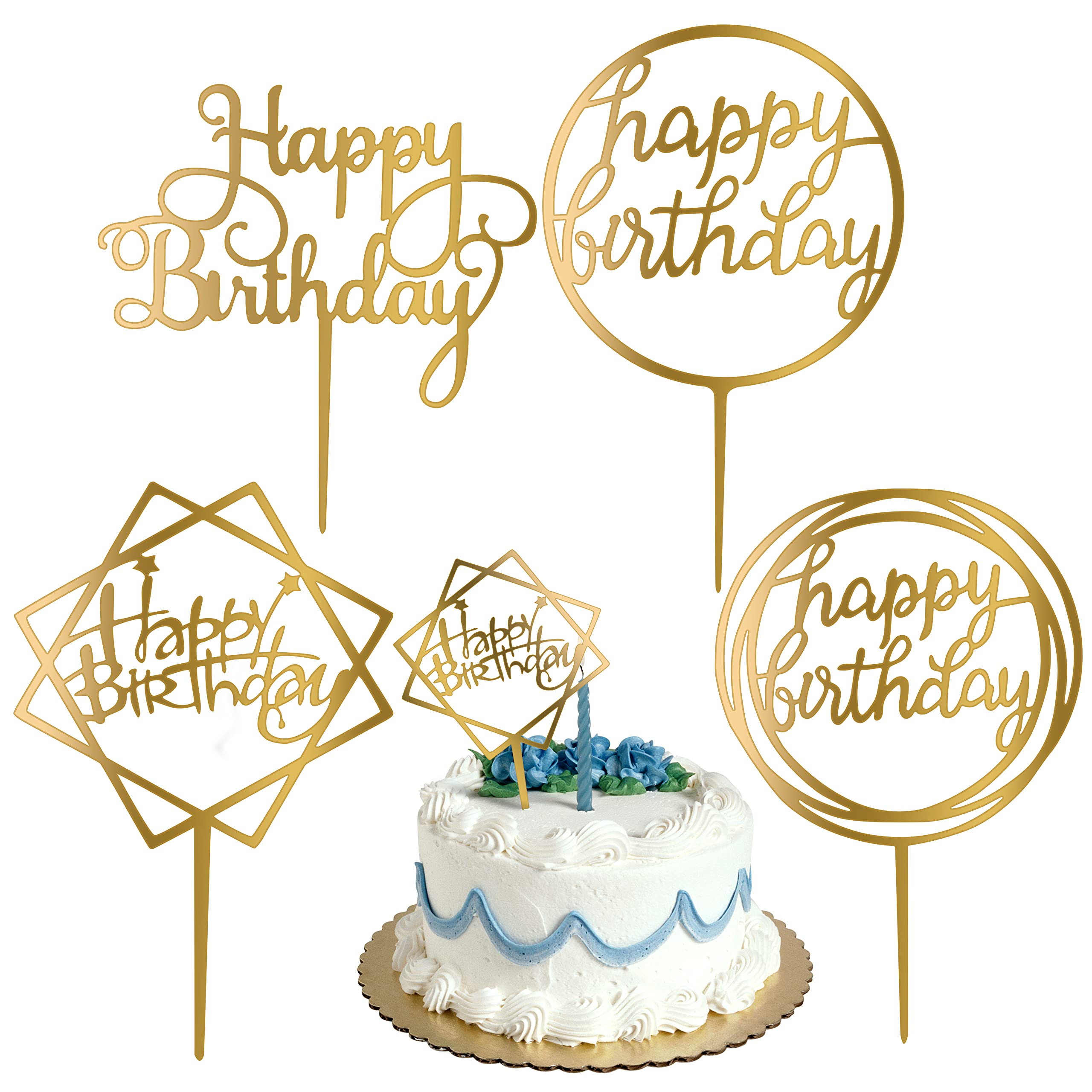BakeMaestro Happy Birthday Cake Toppers - Gold Acrylic Cake Topper - 4  Different Shapes for Birthdays Event Decorations