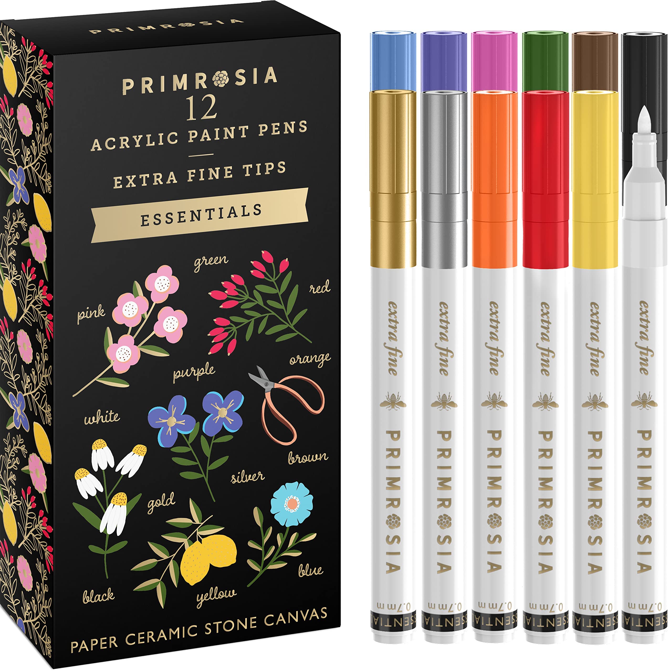 Primrosia 12 Essential Acrylic Paint Pens Extra Fine Tip Markers Set.  Primary Colors with Metallic Silver and Gold. Great for DIY Craft Paper  Ceramics Coloring Rock Painting Canvas Essential - Fine Tip