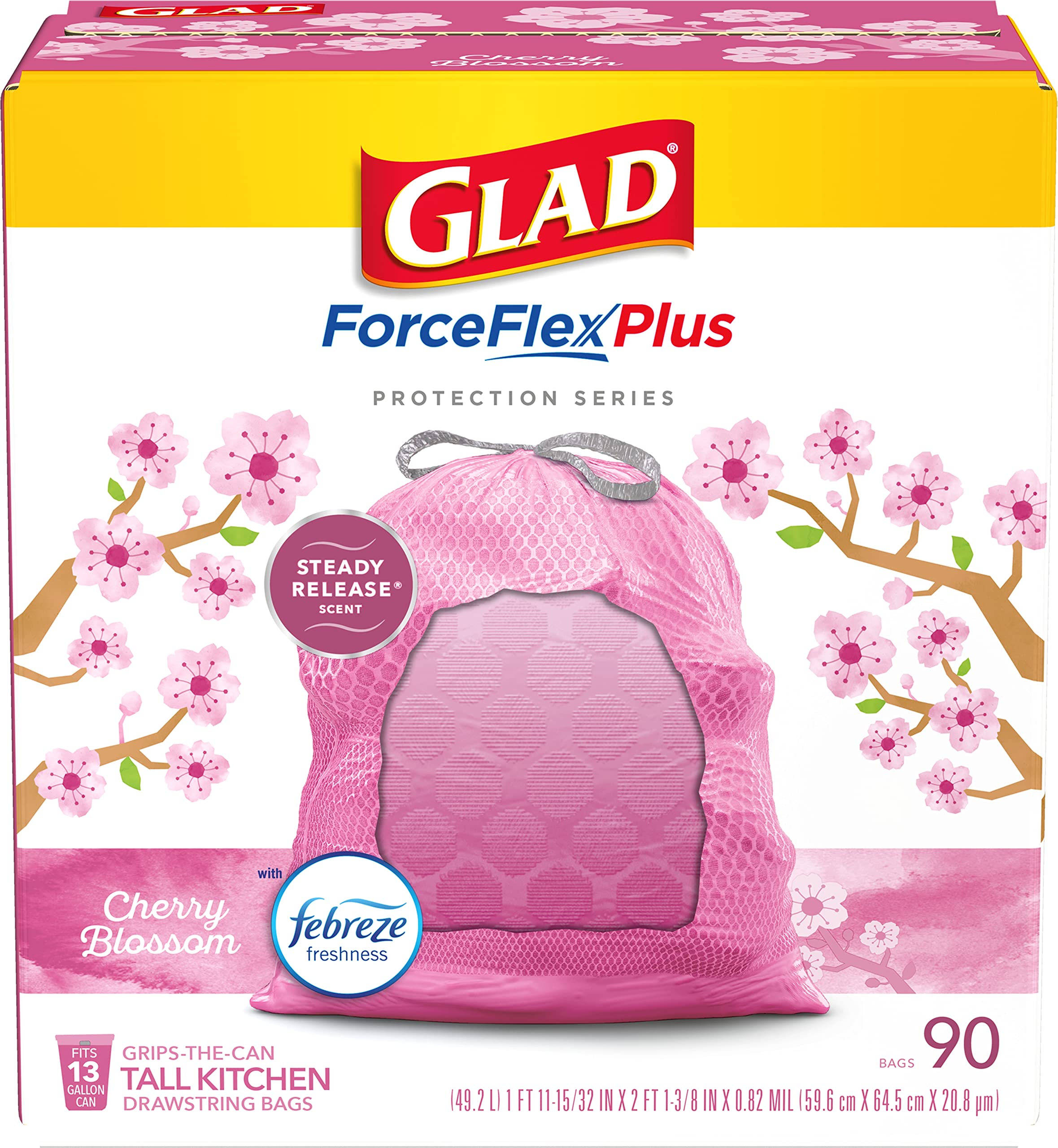 GLAD Protection Series ForceFlex Plus Drawstring Cherry Blossom Odor  Shield, Pink, 13 Gallon, 90 Count