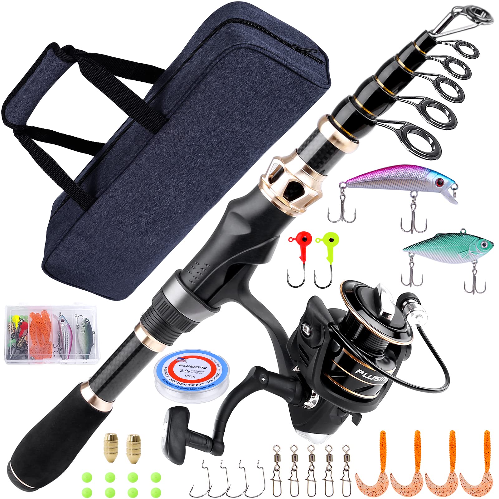 PLUSINNO Fishing Pole Fishing Rod and Reel Combos Carbon Fiber Telescopic Fishing  Rod with Reel Combo