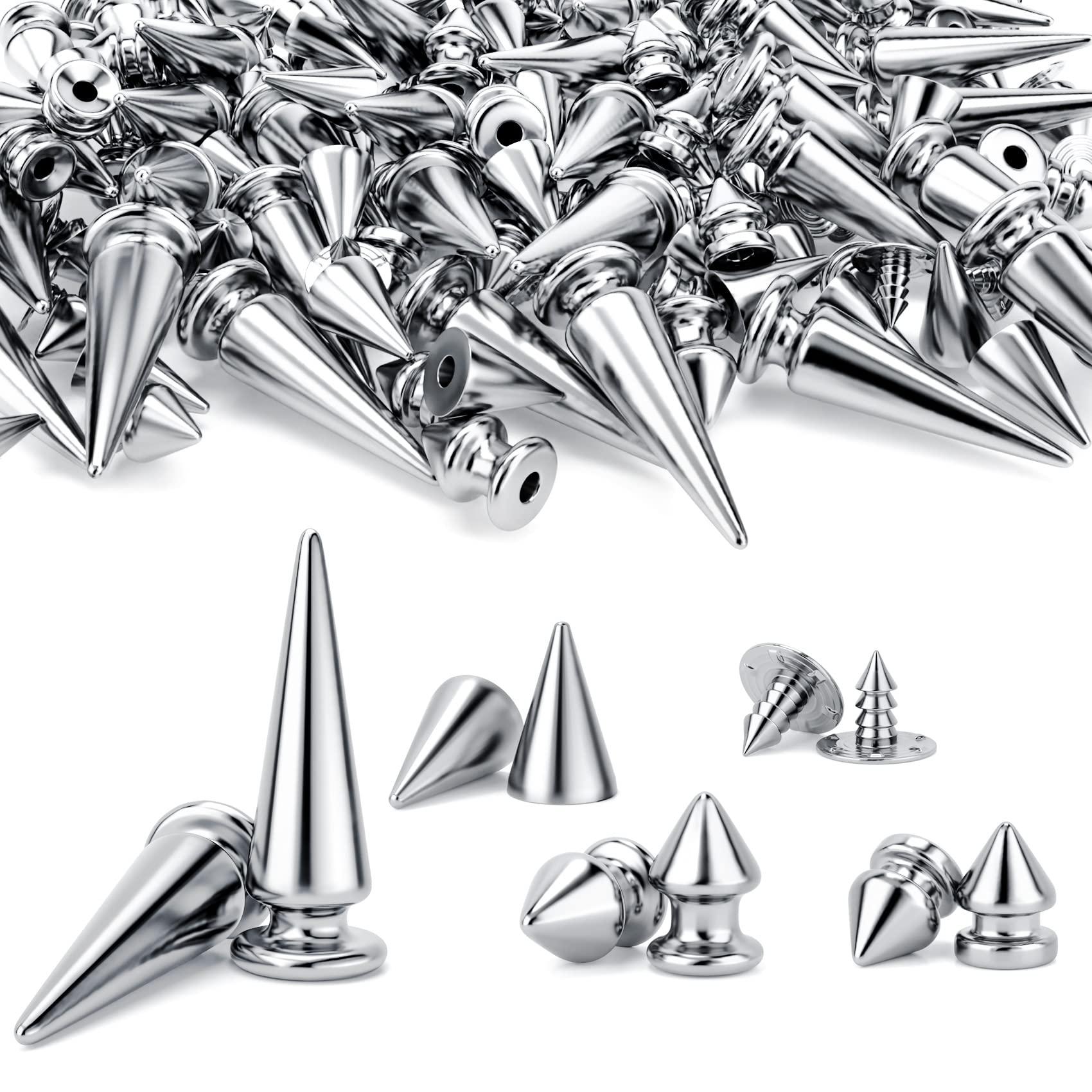 OIIKI 500PCS Silver ABS Bullet Spike Cone Studs Assorted Sizes Screwback  Rivets Cone Spike Studs Beads Flat Back Punk Spikes DIY Crafts Decoration  for Clothing Leather Belt Bag Shoes Jewelry Trims 6.7mm&8.8mm&11mm&12mm