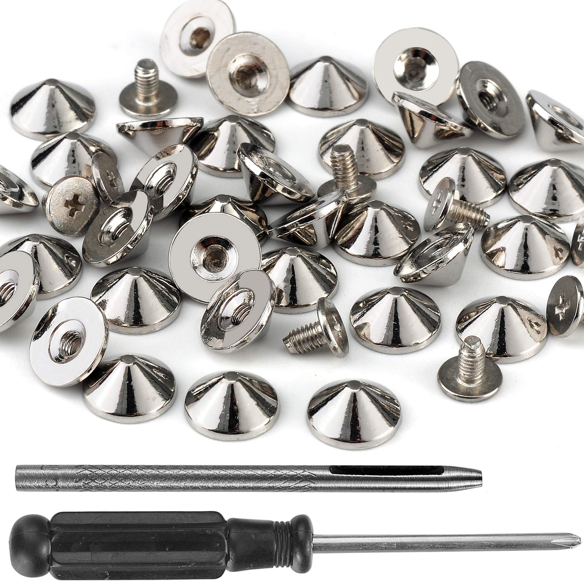 YORANYO 100 Sets Cone Spikes and Studs 4.7MM Height Silver Color 3/16  Bullet Spikes Screw Back Punk Studs and Spikes for Clothing Shoes Leather  Craft Belts Bag Accessories with Installation Tools