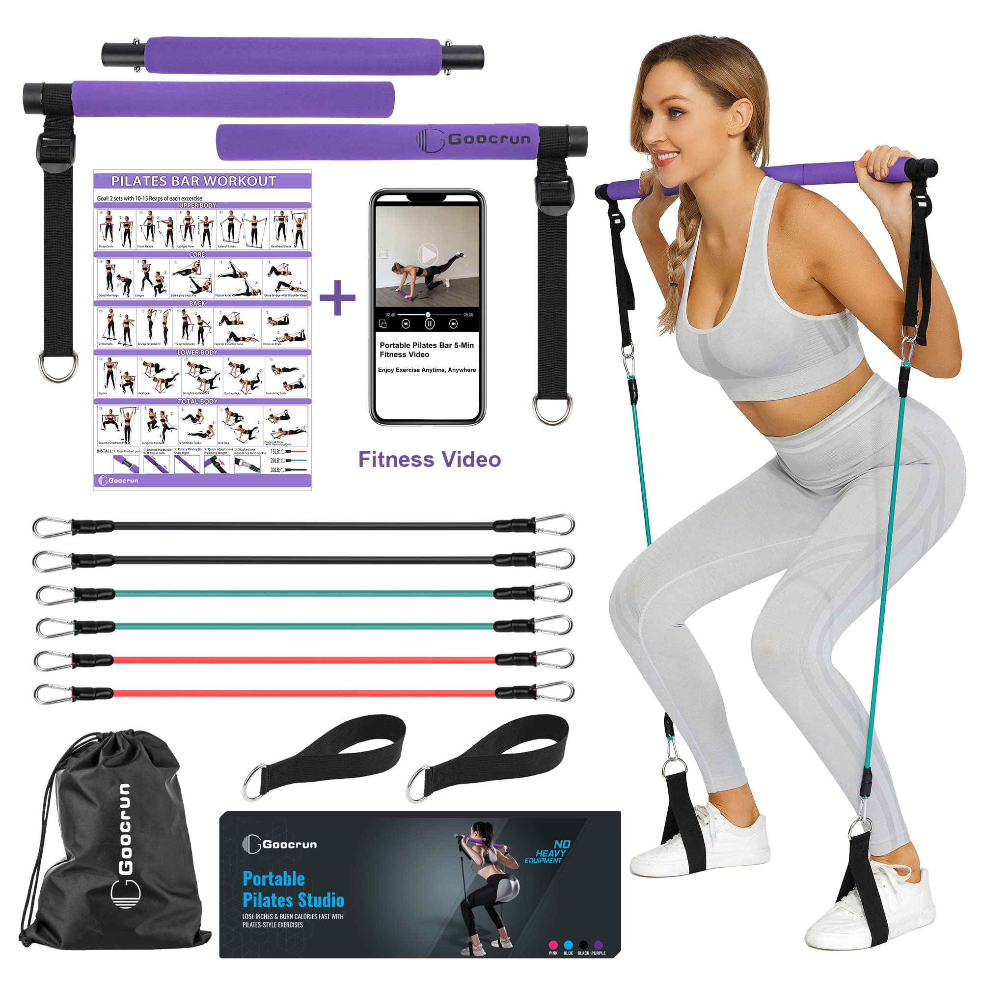Goocrun Portable Pilates Bar Kit with Resistance Bands for Men and Women -  6 Exercise Resistance Bands (15, 20, 30 LB) - Home Gym Equipment - Supports  Full-Body Workouts with Video Purple