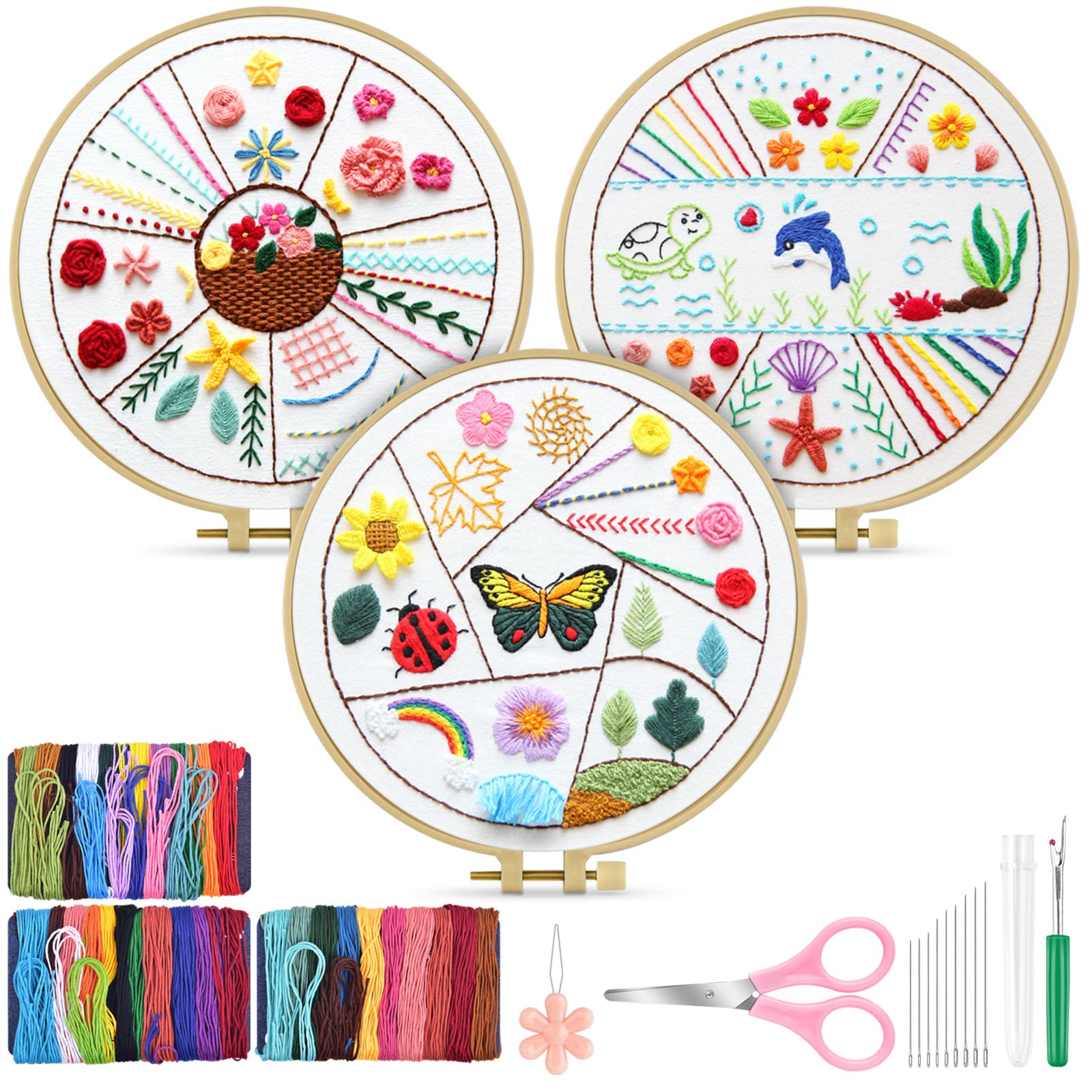 TINDTOP Beginners Embroidery Stitch Practice kit 3 Sets Animal Embroidery  Kit for Beginners Include Embroidery Cloth Hoops Threads for Craft Lover  Hand Stitch with Embroidery Skill Techniques Colorful