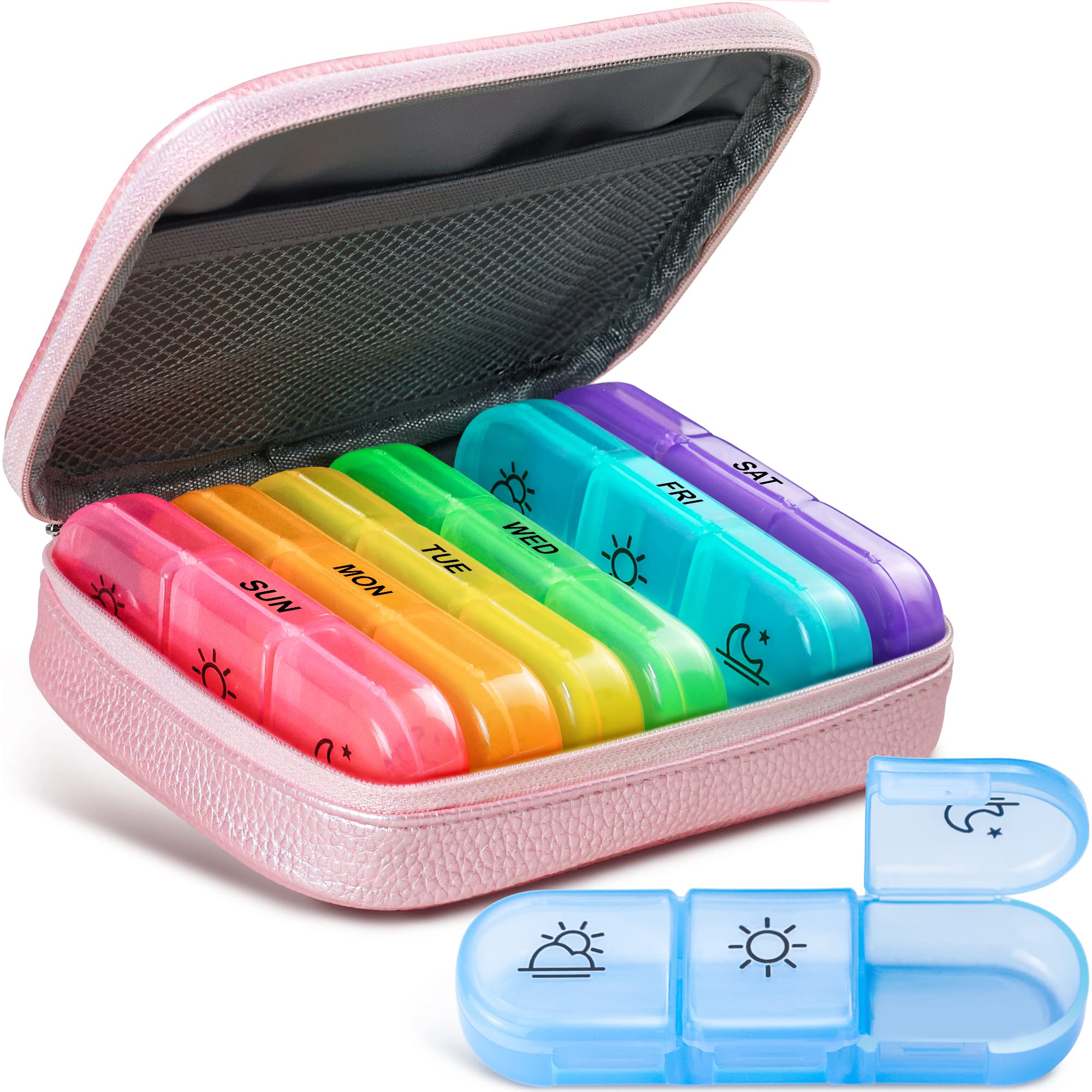 Cute Pill Organizer 3 Times a Day, Amoos PU Leather Pill Case for Women,  Portable Weekly