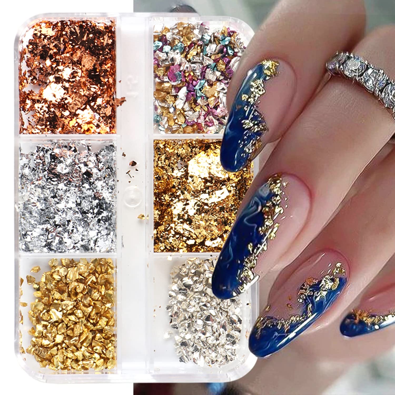 6 Colors Holographic Nail Foil Glitter Flakes Irregular 3D Sparkly Aluminum  Foil Flake Gold Silver Colorful Nail Art Design Glitter Flakes Confetti  Acrylic Nail Art Supplies for Women DIY Nails P4