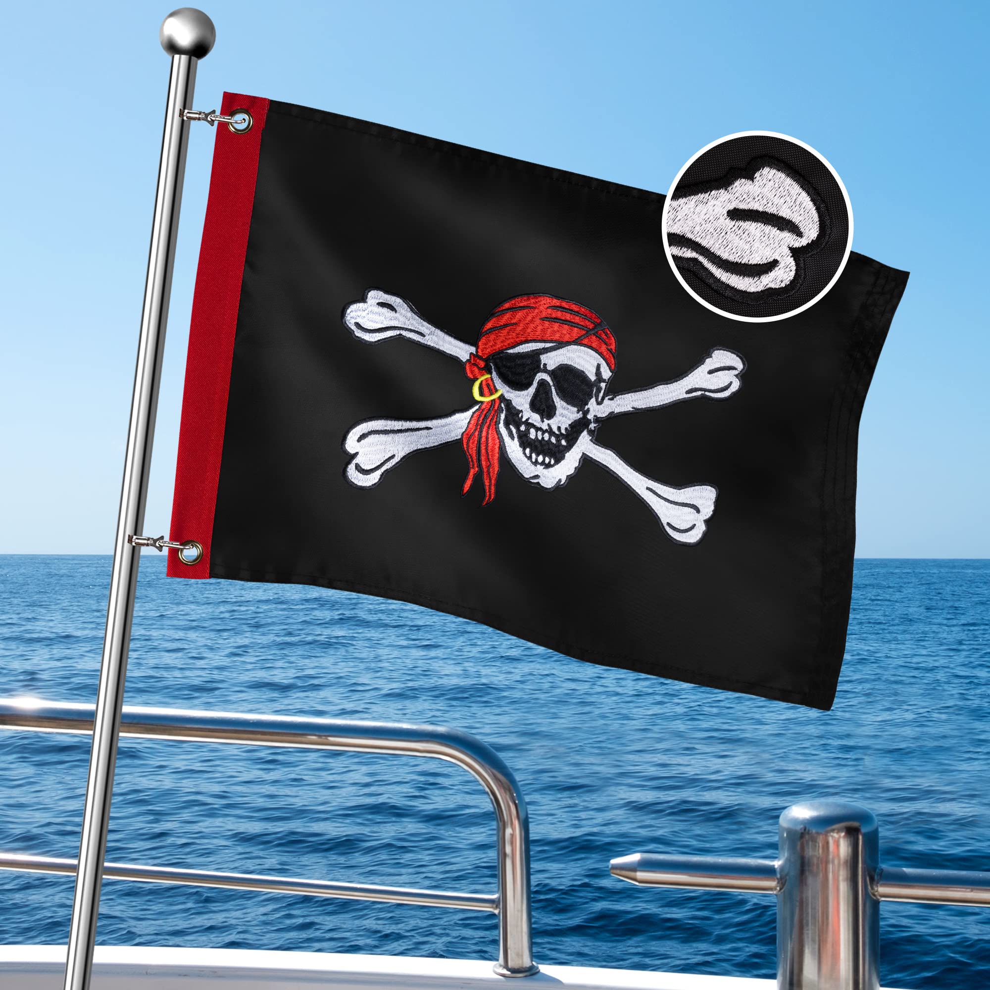 XIFAN Premium Pirate Jolly Roger Flag for Boat 12x18 Inch, Embroidered Red  Bandanna Skull and Cross