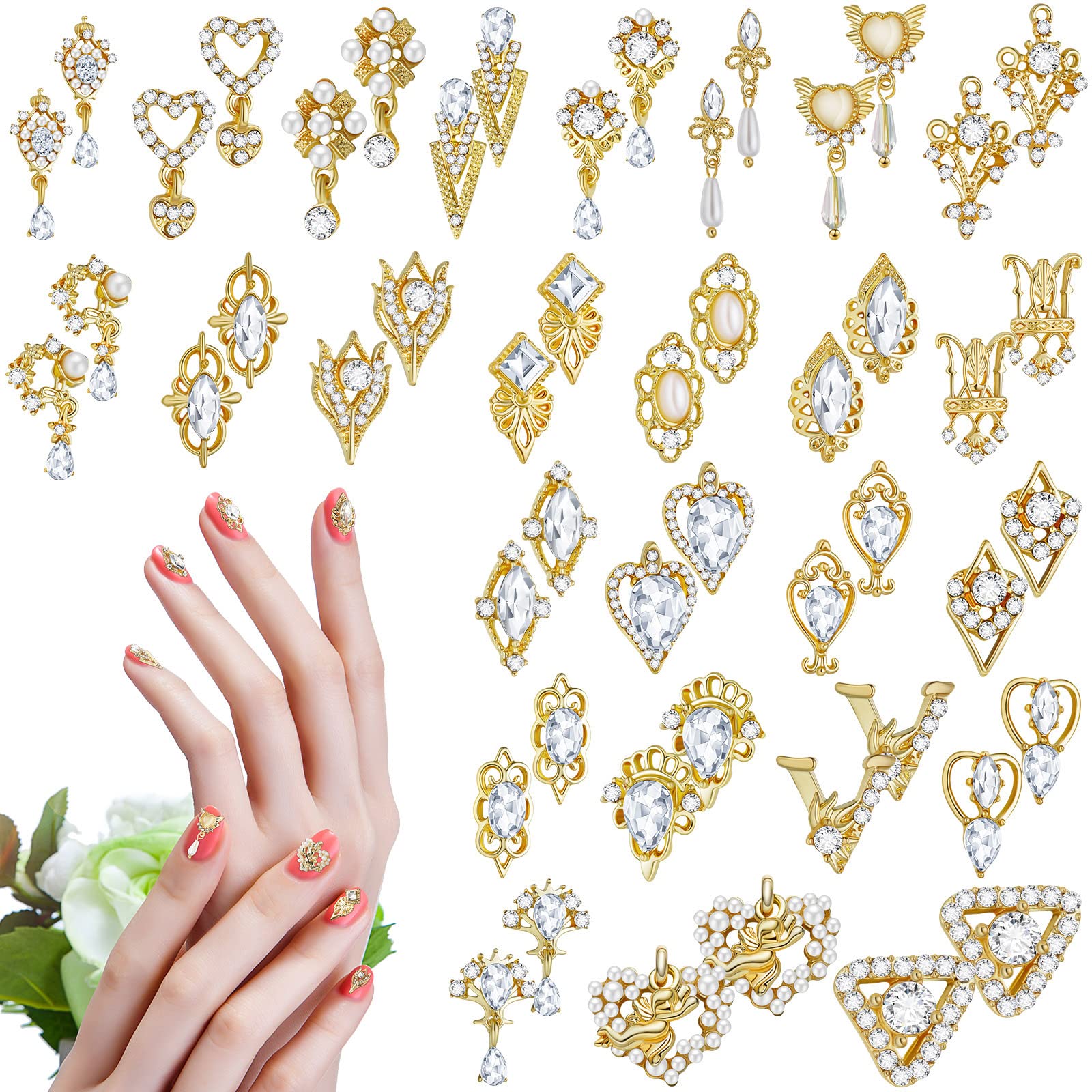 54 Pieces Nail Charms Rhinestones Heart Nail Charms Dangle Nail Jewelry 3D Dangle  Nail Charms Crystal Metal Nail Gems Nail Flowers Jewelry Studs for Nail DIY  (Classic Style Gold) Classic Style Gold