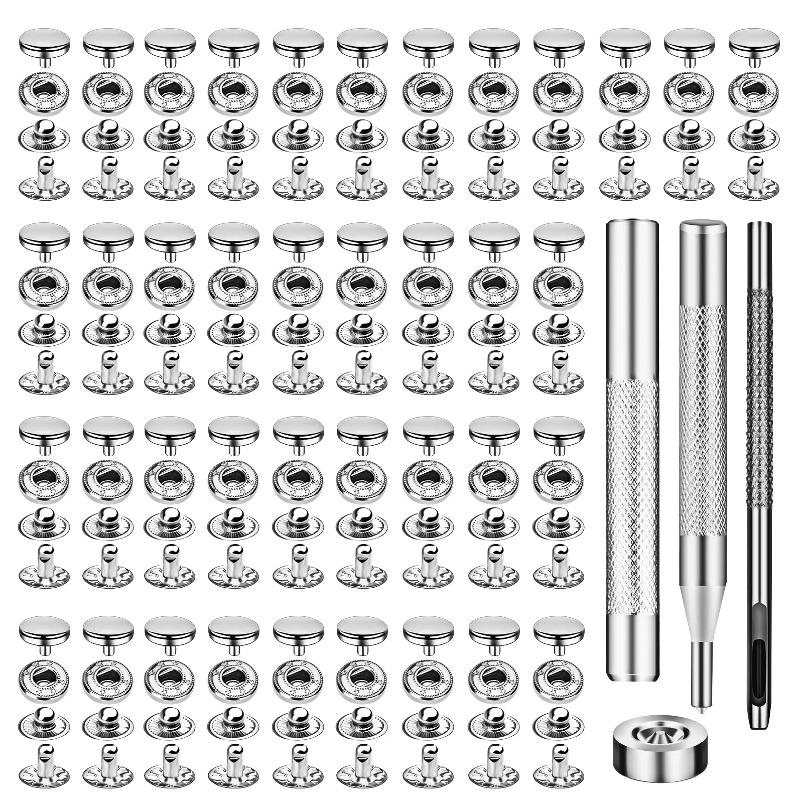 TLKKUE 50 Sets Leather Snap Fasteners Kit 10mm Silver Metal Snap Buttons  kit Stainless Steel with 4pcs Snap Fastener Installation Tools for Sewing  Clothing Bracelets Jackets Bags Belt DIY Crafts