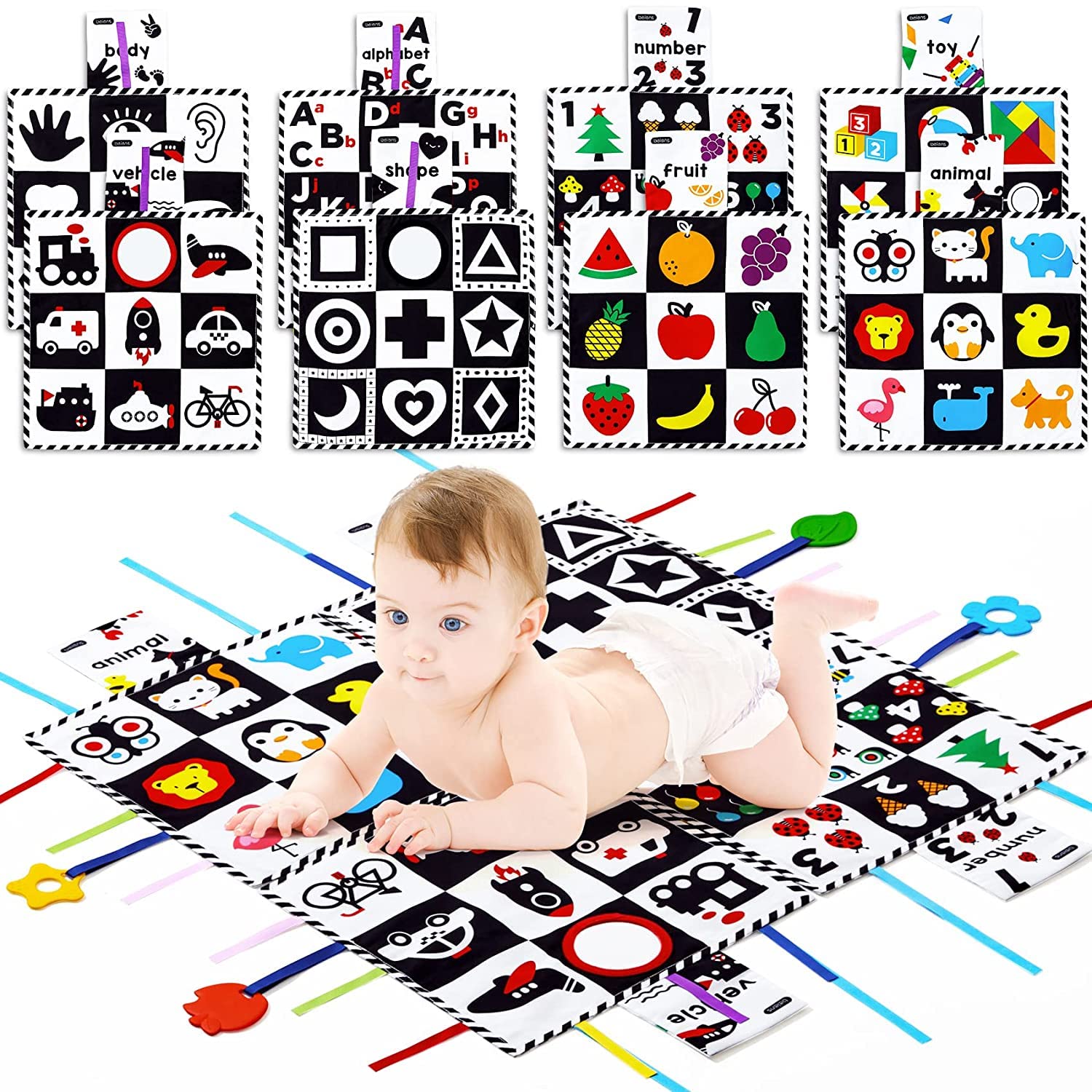 beiens Baby Toys 0-6 Months Tummy Time Crinkle Toys with Mirror Black and  White High