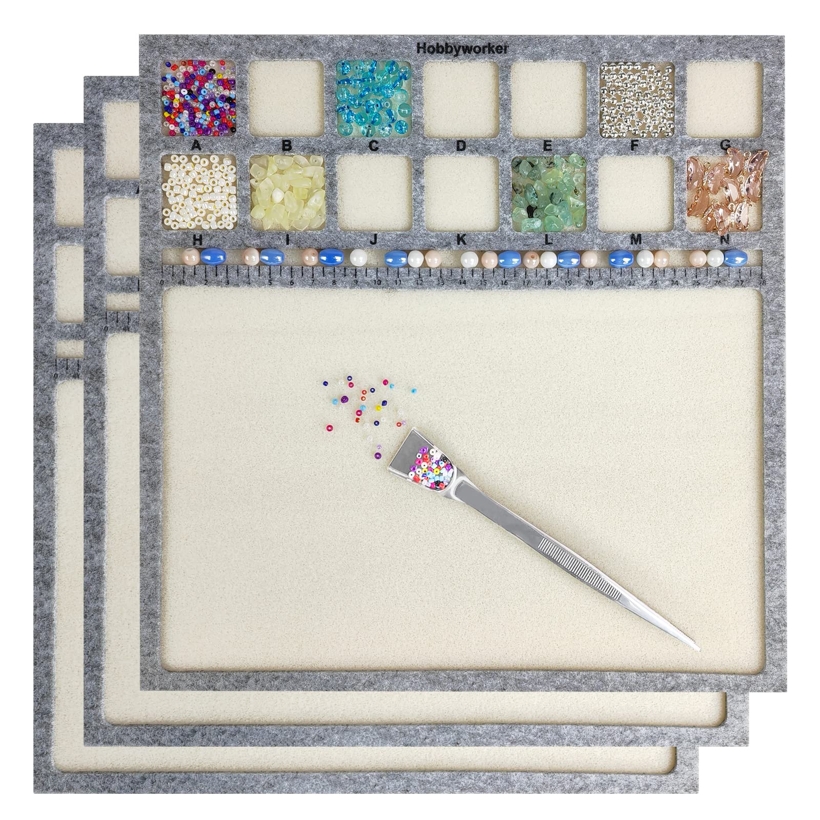 hobbyworker The Bead Mat 3 Pcs Set(M) Soft Perfect Stable,Surface Flocking  with Centimeter Scale and Stainless Steel Handy Tweezers with Scoop for  Jewelry Making Beading Supplies