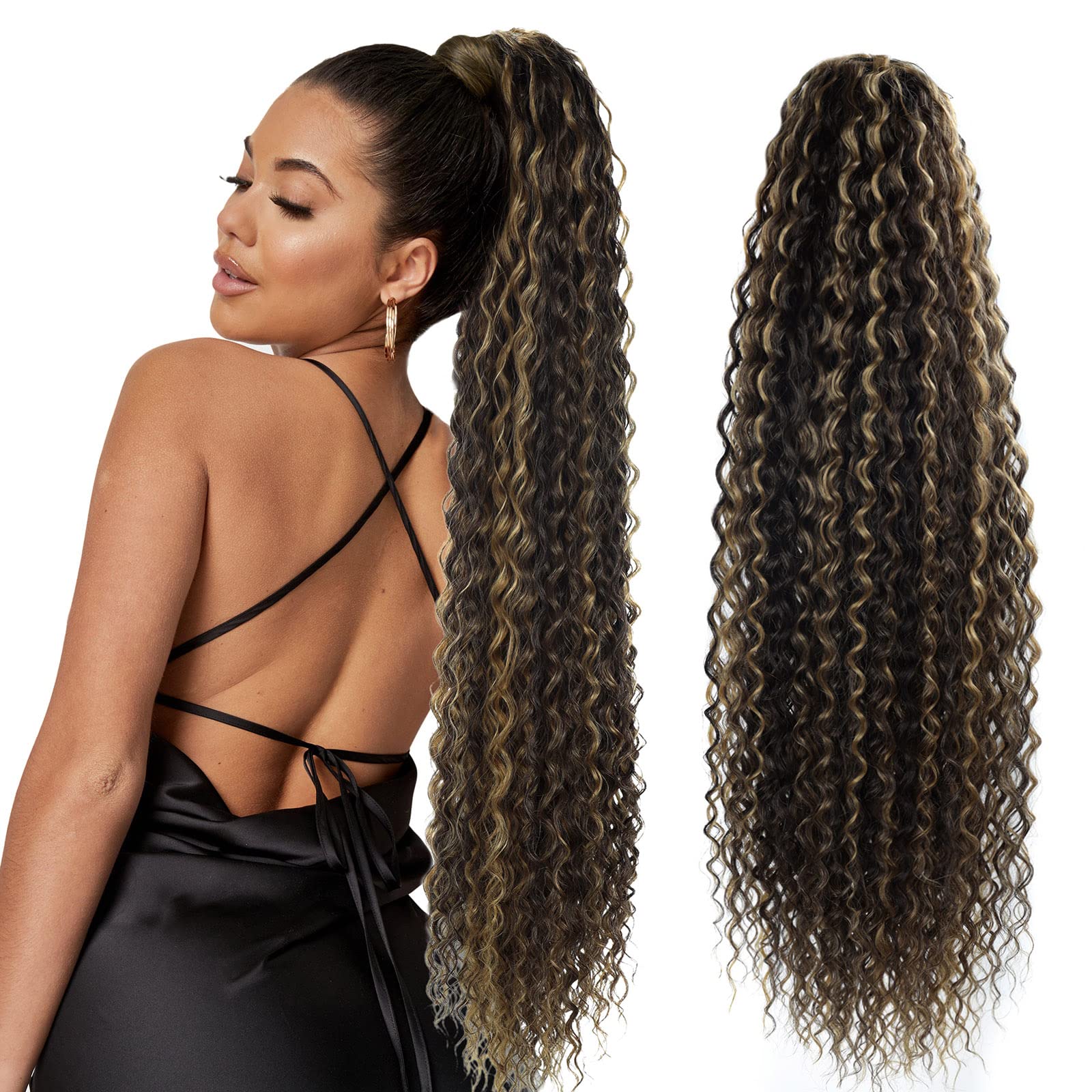 Fashion lcon 30 inch Long Drawstring Ponytail Extensions Highlights Clip in  curly Ponytail Hair Extensions Dark
