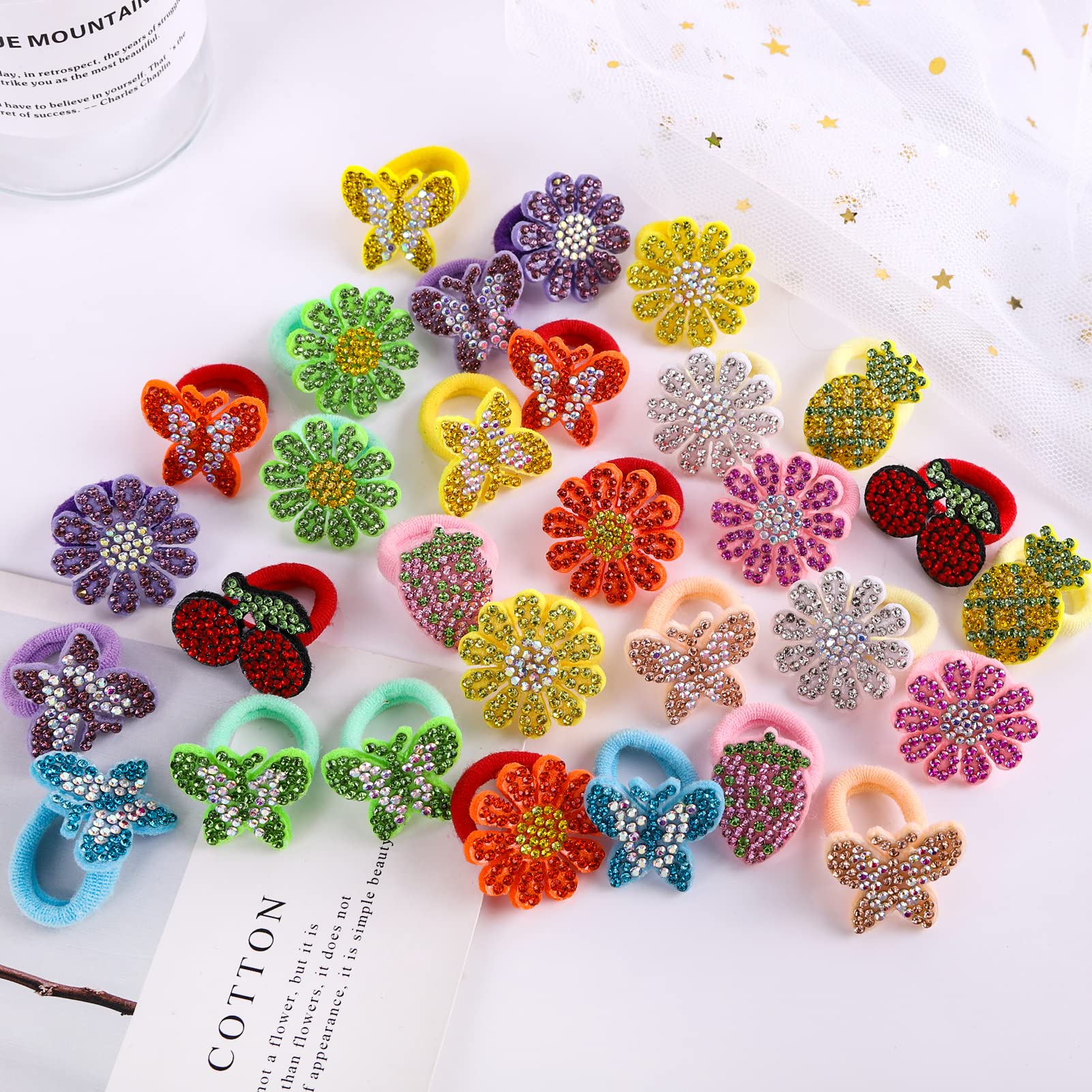 Fishdown 30 Pcs Glitter Hair Ties for Girls Sequin Hair Ties for Toddlers Seamless Small Ponytail Holders Rhinestone Sequin Sparkle Flower Butterfly cartoon Accessories Elastic Rubber Bands for Kids