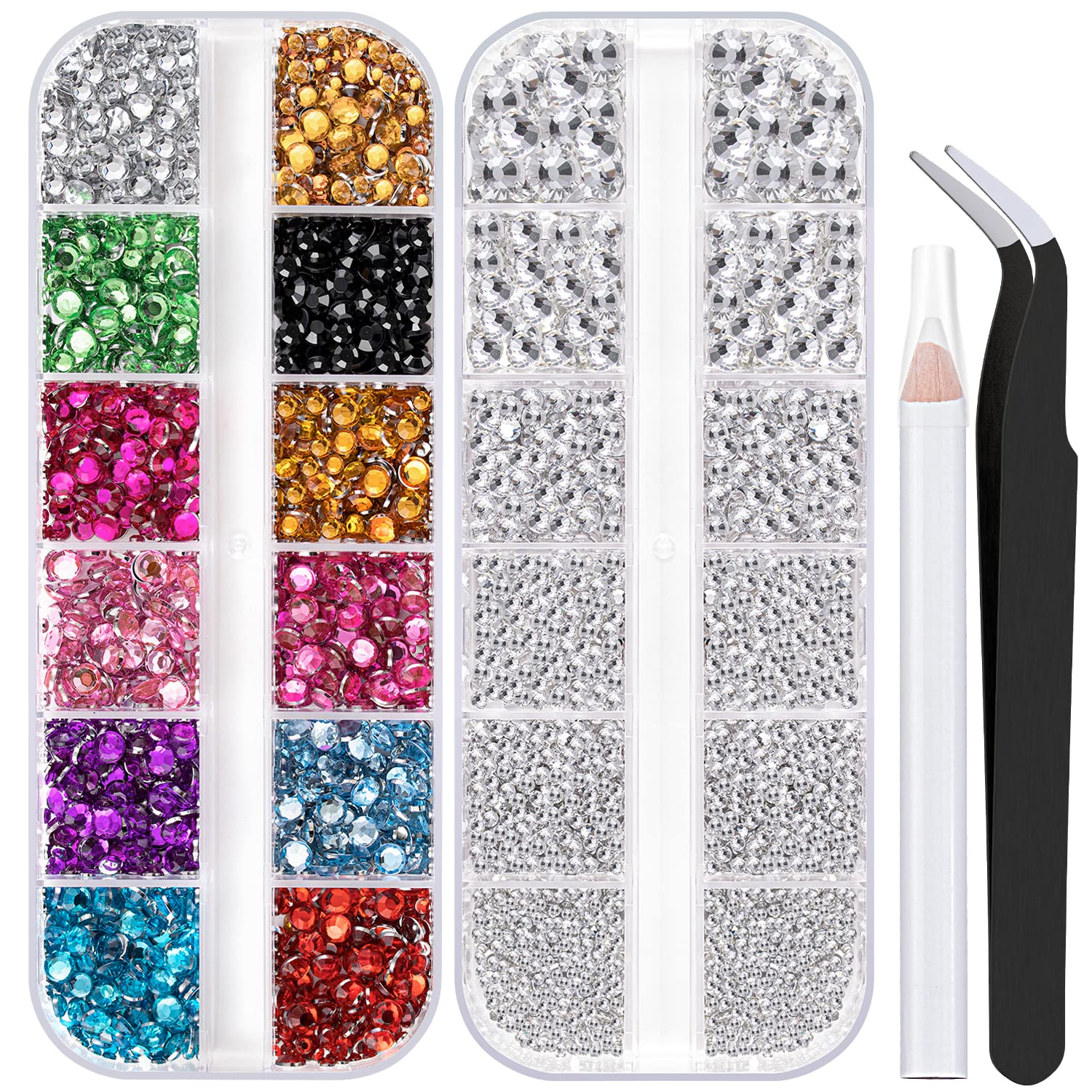  Two Boxes 4520 Pcs of Flatback Round Multiple Color Nail Art  Rhinestones Colorful Crystal Kits 12 Colors+Rose Gold Rhinestones with  Pickup Pencil and Tweezer For Home DIY and Professional Use 