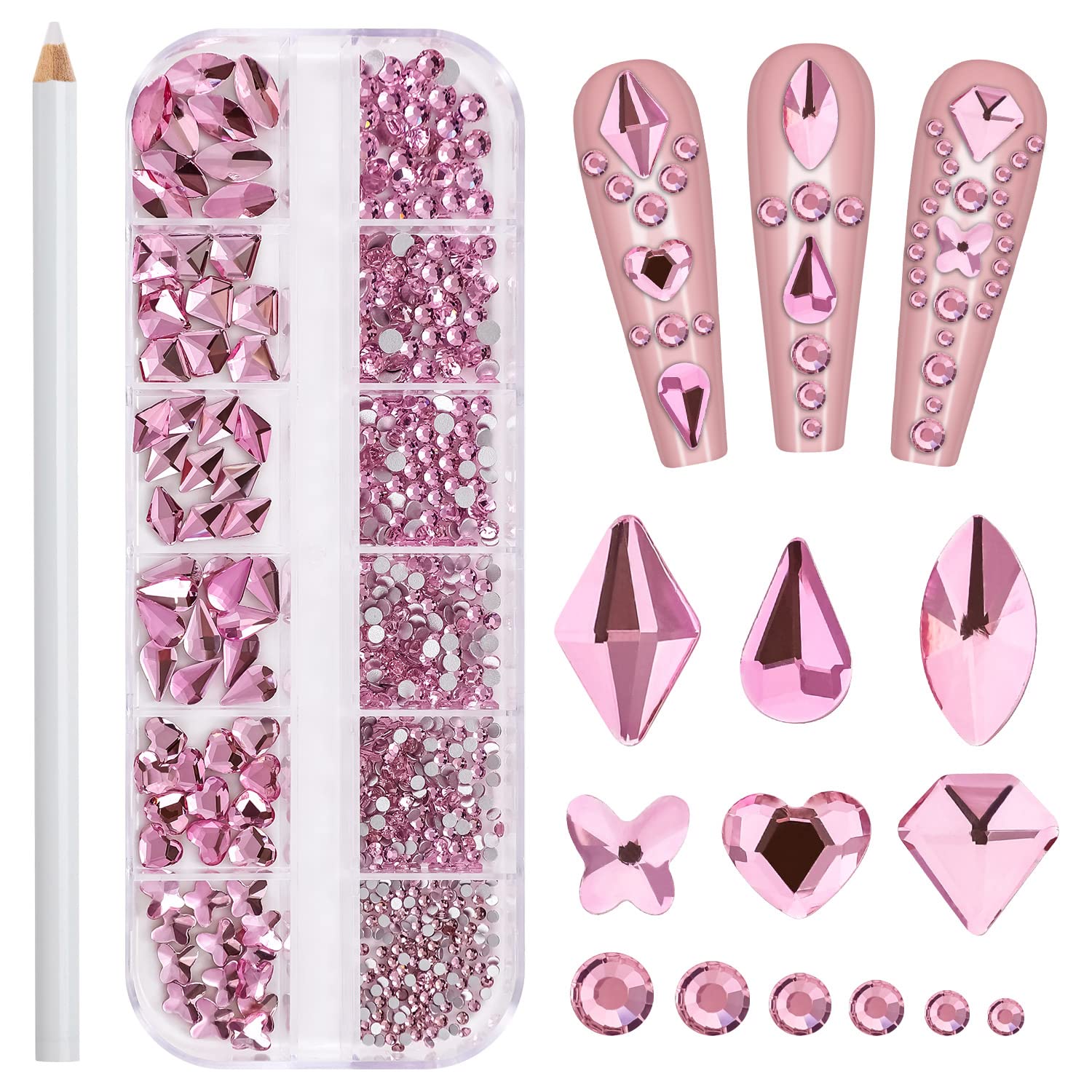 1560Pcs Pink and Gold Champagne Nail Crystals Rhinestones Flatback Glass  Gems Multi Sizes Shapes Colorful Gold Pink Nail Rhinestones Crystals with  Pen