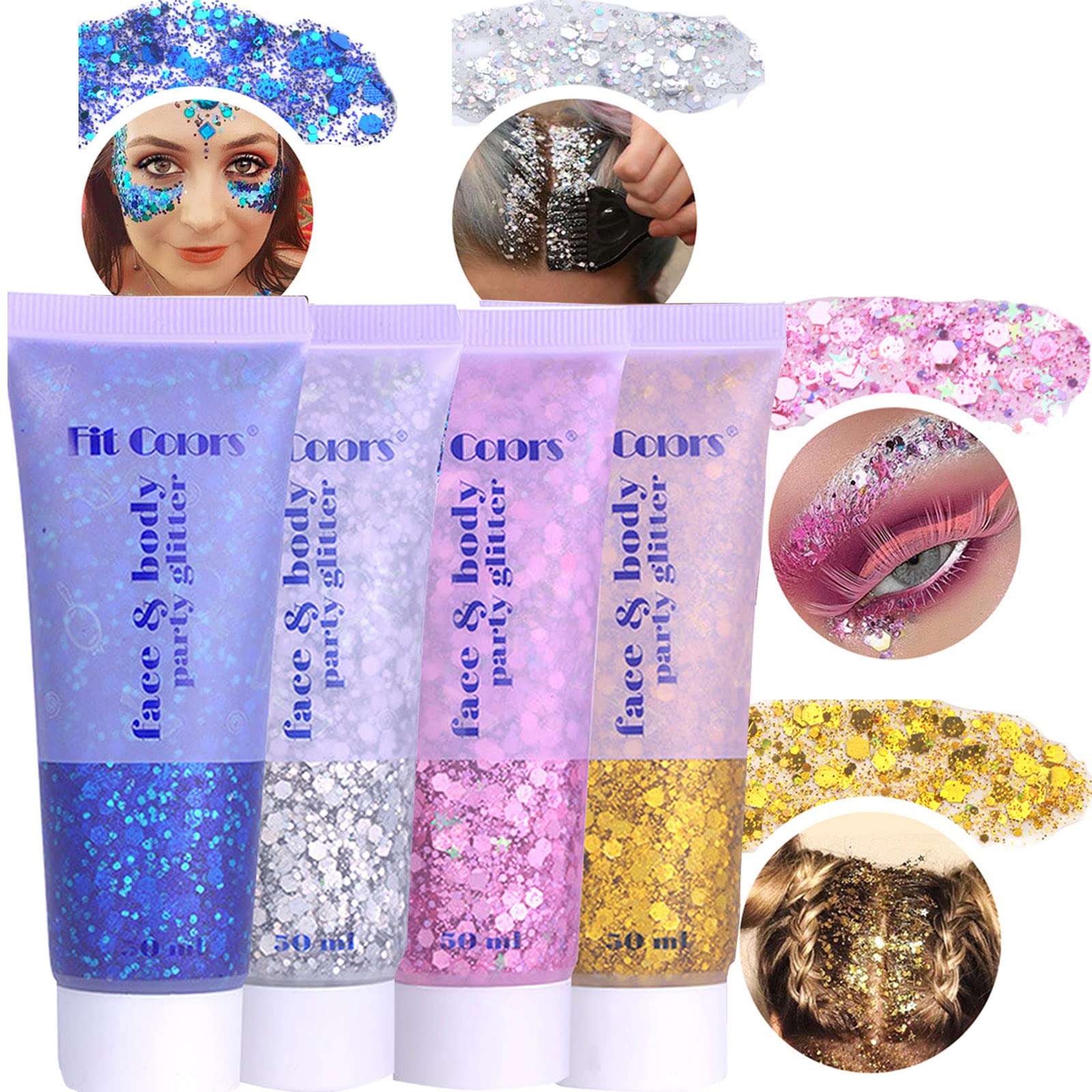 Body Glitter Gel Set 4 Colors Sequins Chunky Glitter Gel Colorful Eyeshadow  Glitter Holographic Body Gel for Festival Party Face Makeup Hair Nails Eye  Cosmetic Lips Shimmer Pink Blue White Set B